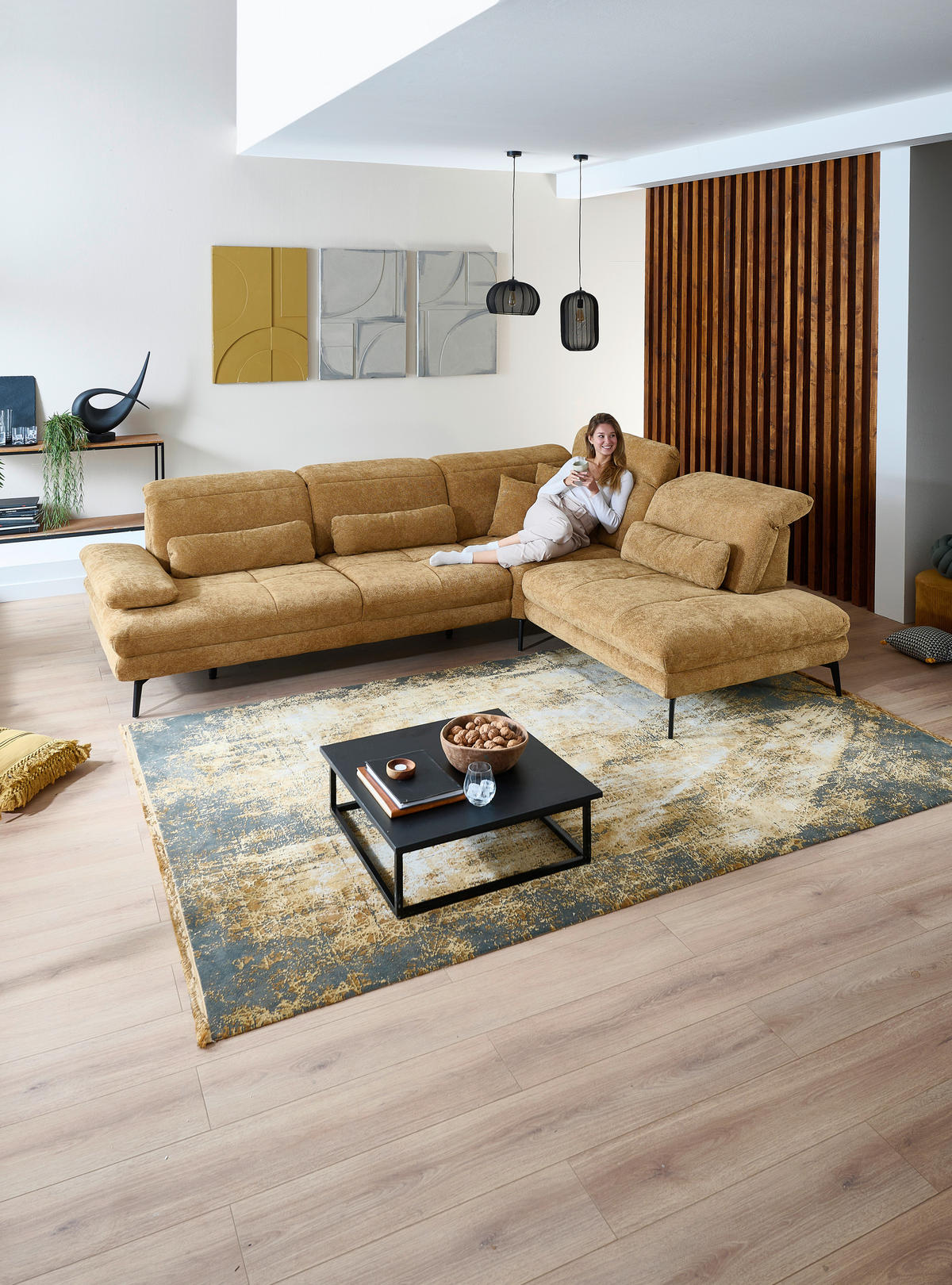 ECKSOFA Beldomo System Dunkelgelb Chenille Rücken echt, Kopfteilverstellung  - Dunkelgelb/Schwarz, Design, Textil/Metall (311/235cm) - Beldomo System