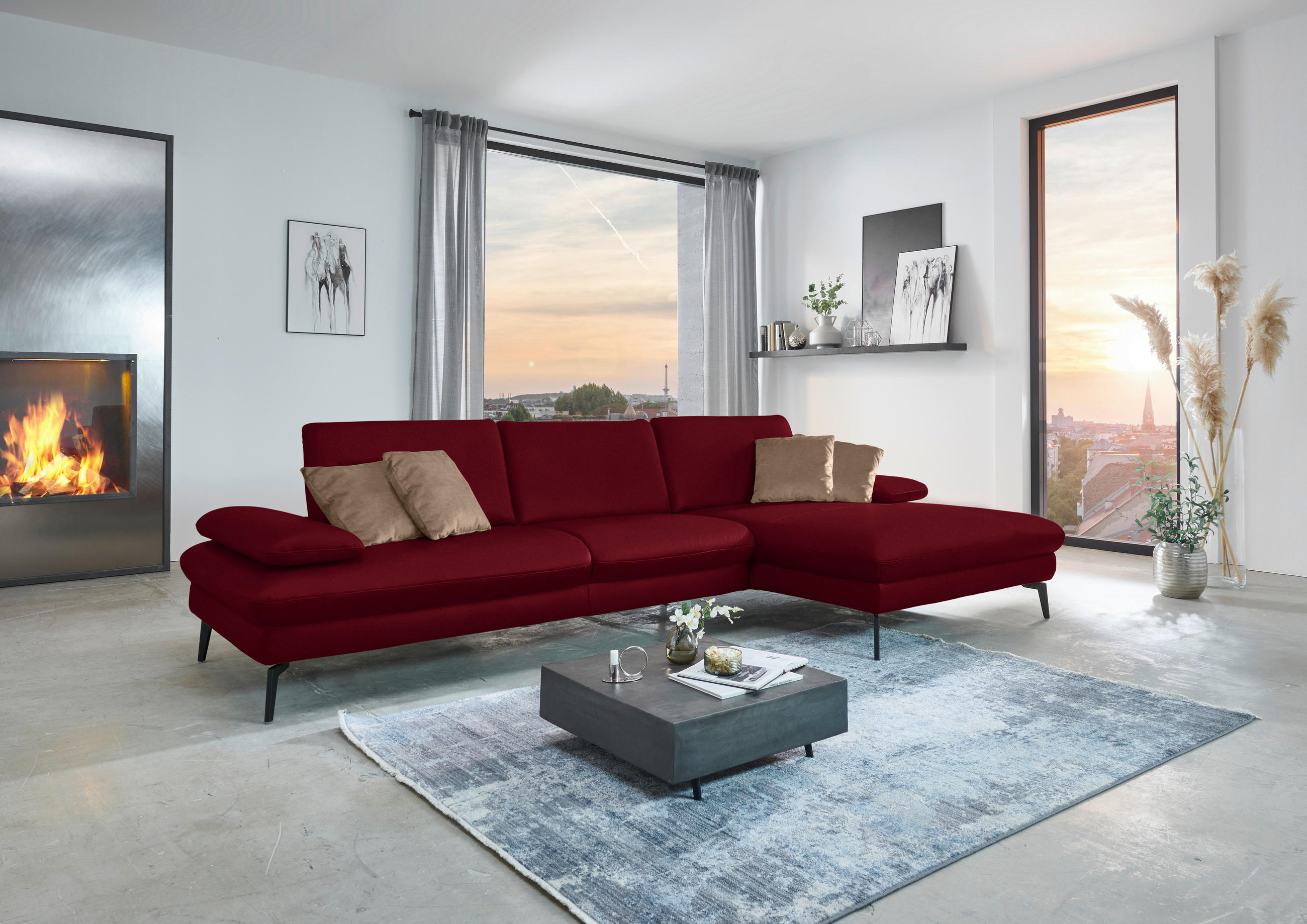 ECKSOFA in Echtleder Dunkelrot  - Schwarz/Dunkelrot, Design, Leder/Metall (325/157cm) - Dieter Knoll