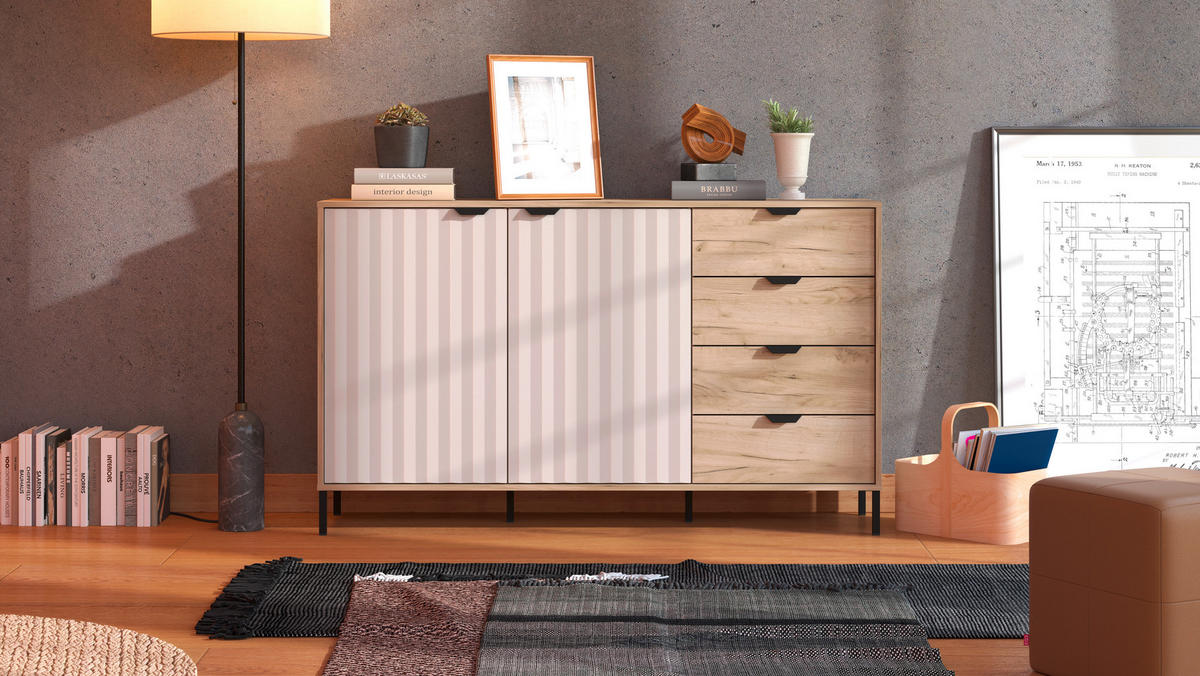 KOMÓD 157/93/40 cm  - szürke tölgy/kasmír, Basics, faalapú anyag (157/93/40cm) - Hom`in