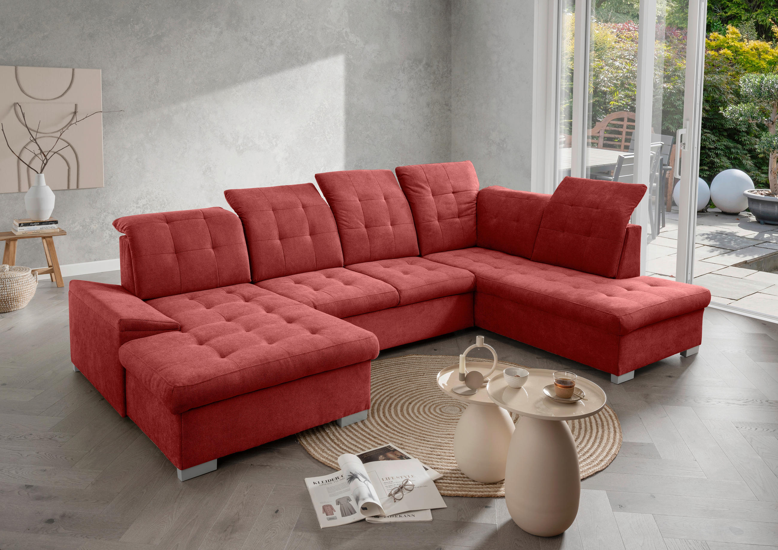 WOHNLANDSCHAFT Zira Rot Mikrofaser  - Chromfarben/Rot, MODERN, Kunststoff/Textil (169/330/212cm) - Livetastic