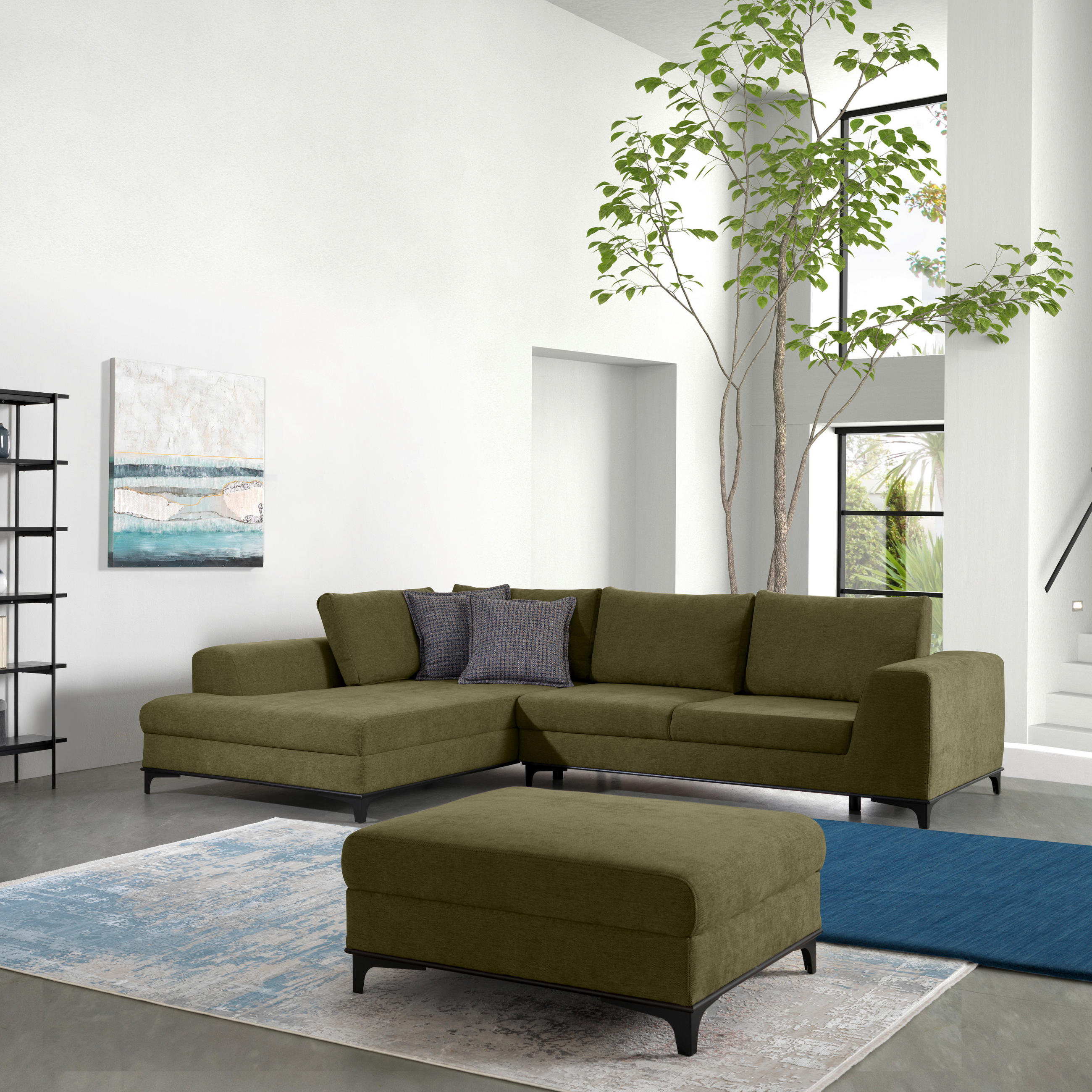 ECKSOFA inkl. Funktionen Olivgrün Webstoff Rückenkissen, Bettkasten, Schlaffunktion, Rücken echt  - Wengefarben/Schwarz, Design, Holz/Textil (211/314cm) - Stylife