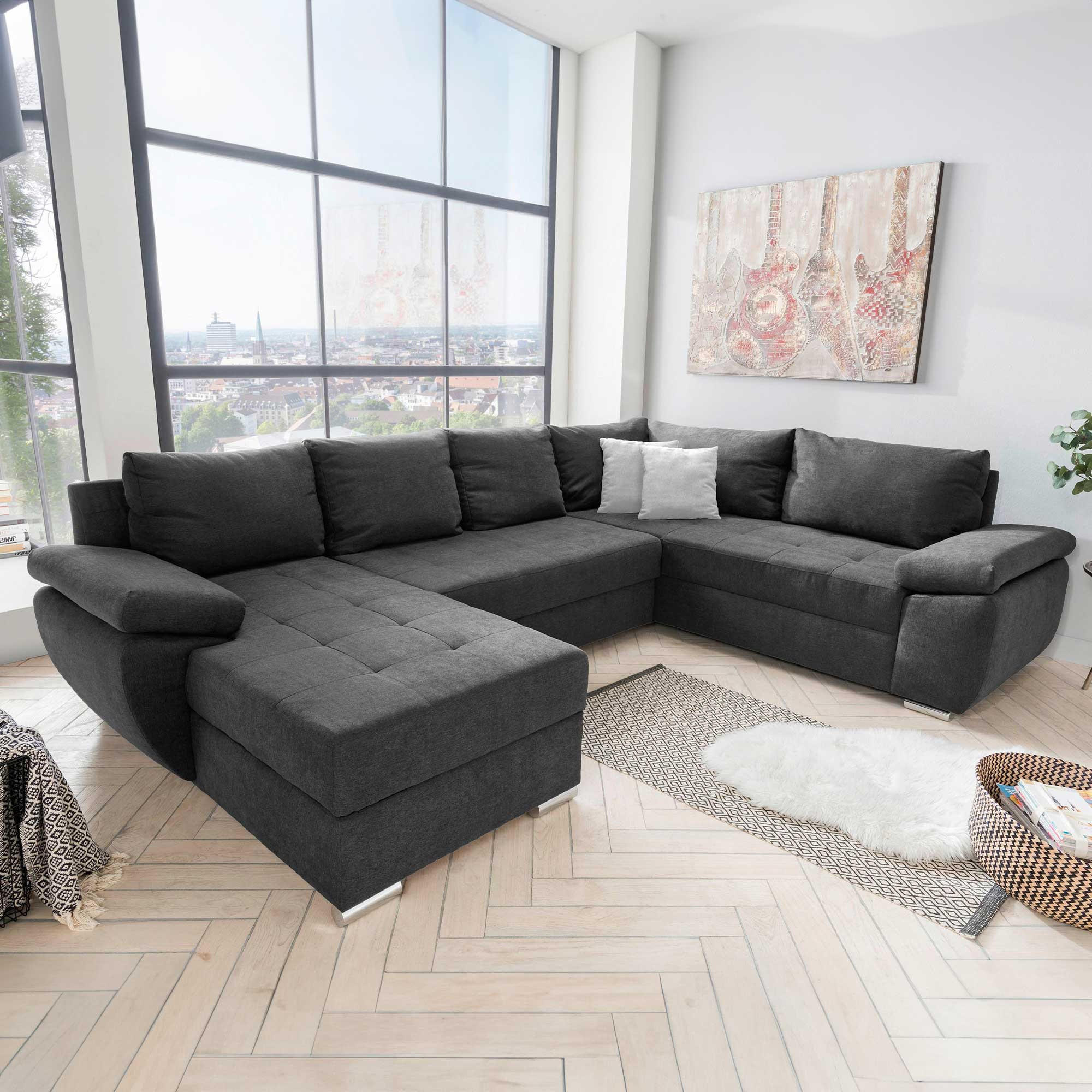 WOHNLANDSCHAFT Anthrazit Mikrofaser  - Chromfarben/Anthrazit, KONVENTIONELL, Textil/Metall (157/305/219cm) - Livetastic