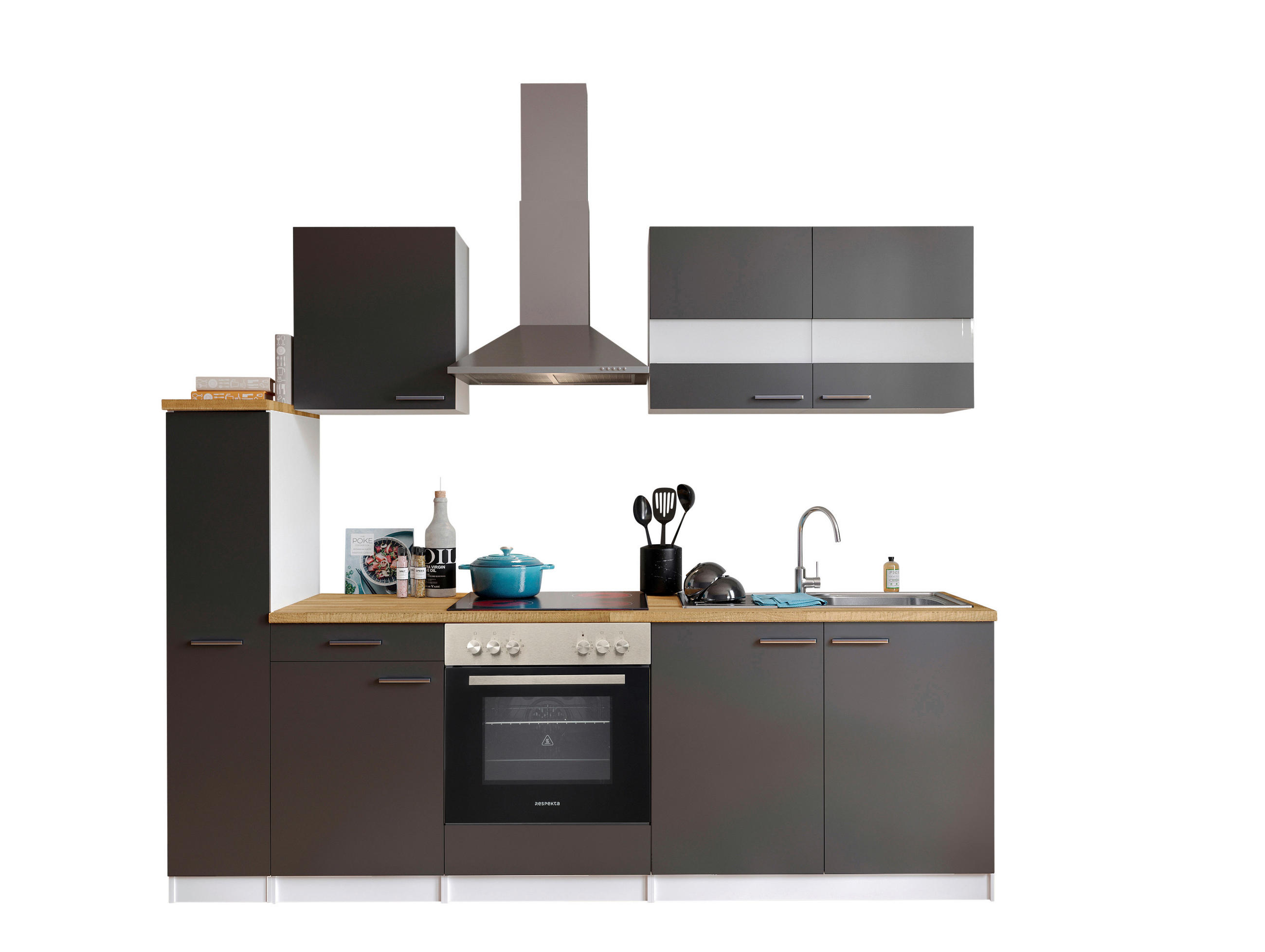 KÜCHENBLOCK 240 cm   in Grau  - Edelstahlfarben/Nussbaumfarben, Basics, Holzwerkstoff/Metall (240cm) - Respekta