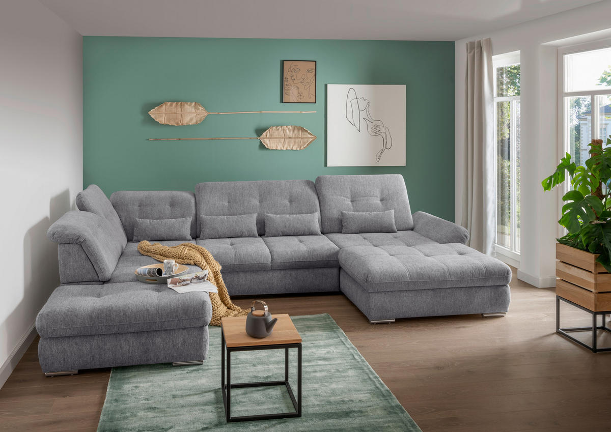 WOHNLANDSCHAFT Chenille Dunkelgrau  - Chromfarben/Dunkelgrau, Modern, Textil/Metall (254/376/195cm) - Livetastic