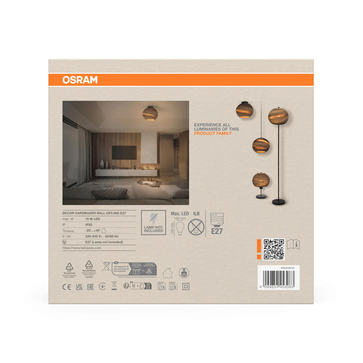 DECKENLEUCHTE  26/23 cm    - Braun, Natur, Karton/Metall (26/23cm) - Osram