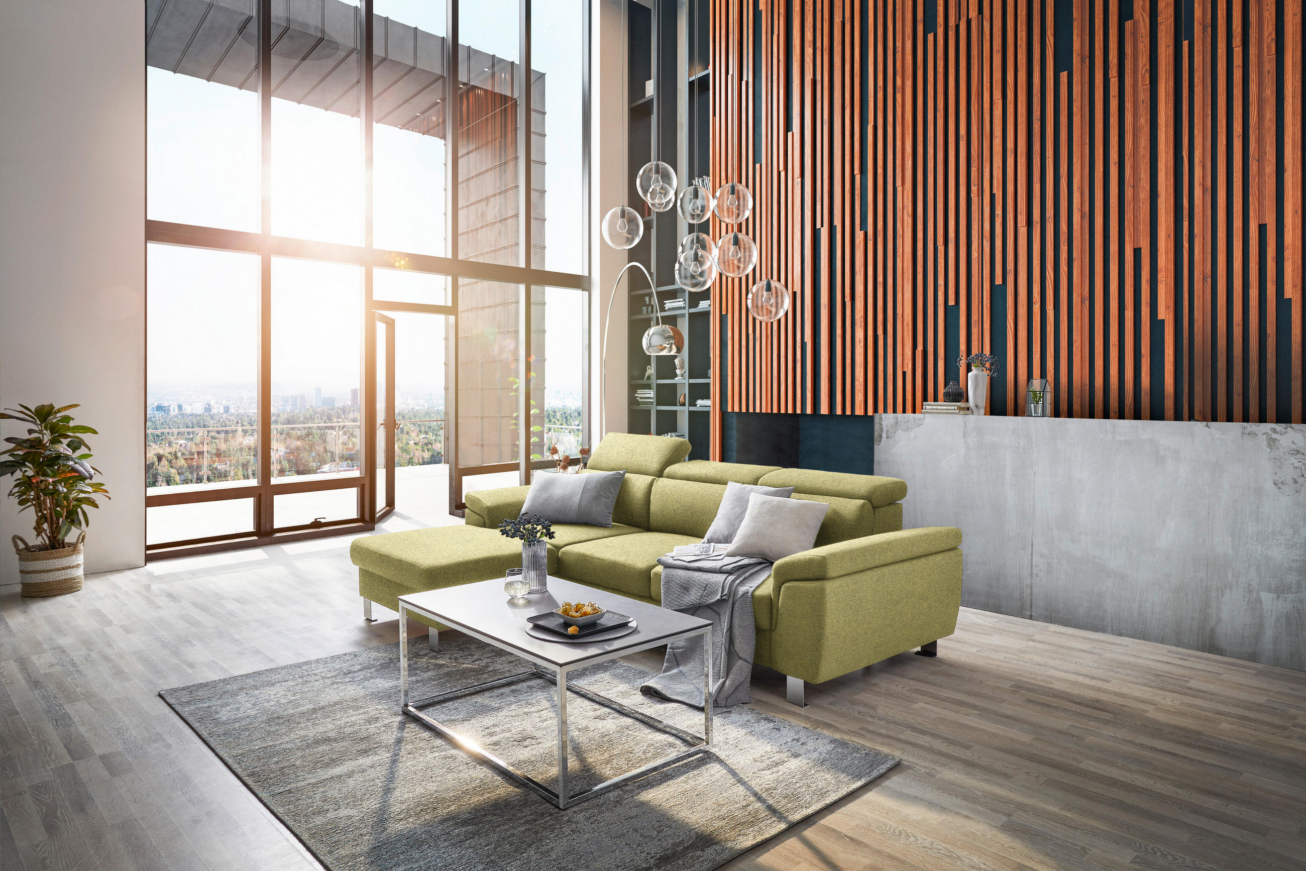 ECKSOFA in Webstoff Grün  - Silberfarben/Grün, Design, Textil/Metall (167/250cm) - Xora