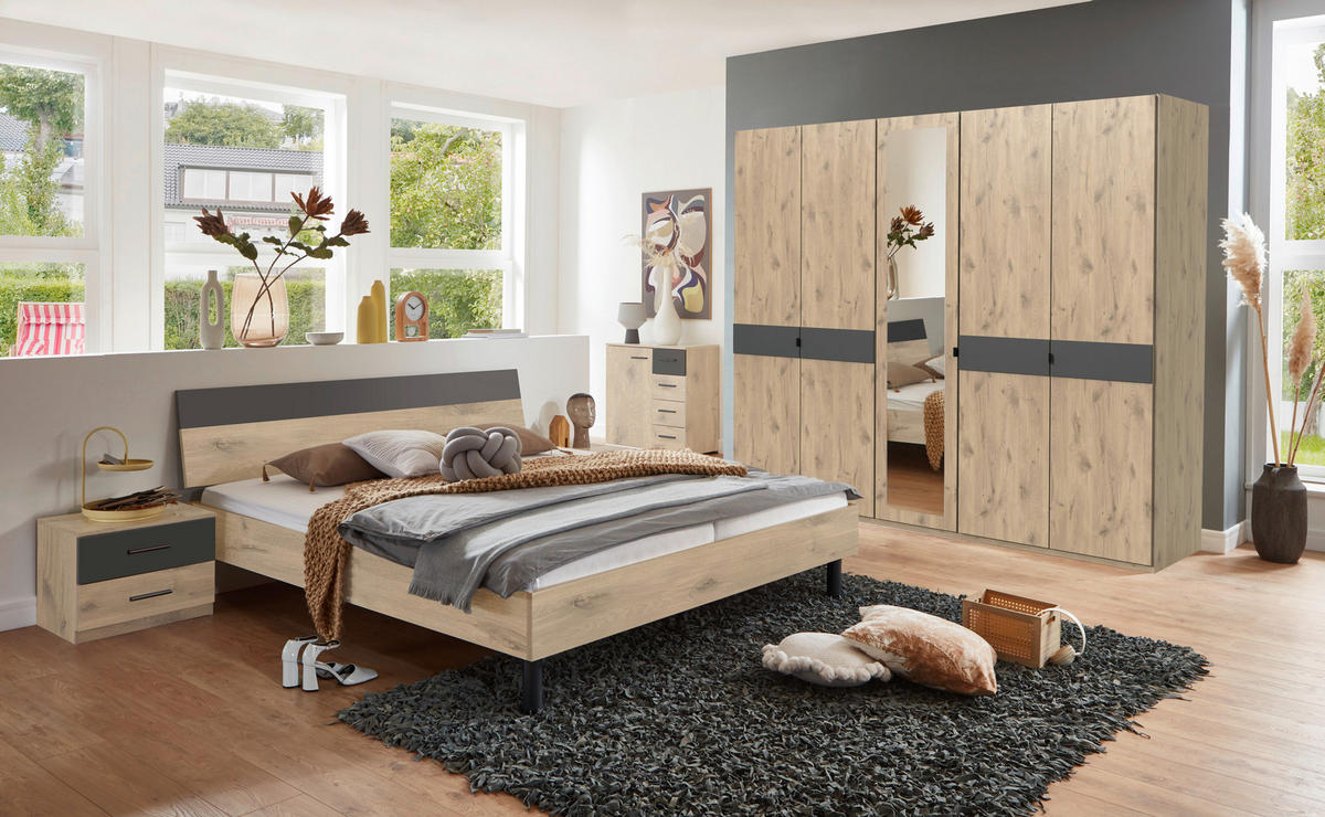 DREHTÜRENSCHRANK 225/208/58 cm,  in Graphitfarben, Eichefarben, 5 Tür(en)-türig  - Eichefarben/Graphitfarben, KONVENTIONELL, Glas/Holzwerkstoff (225/208/58cm) - Boxxx