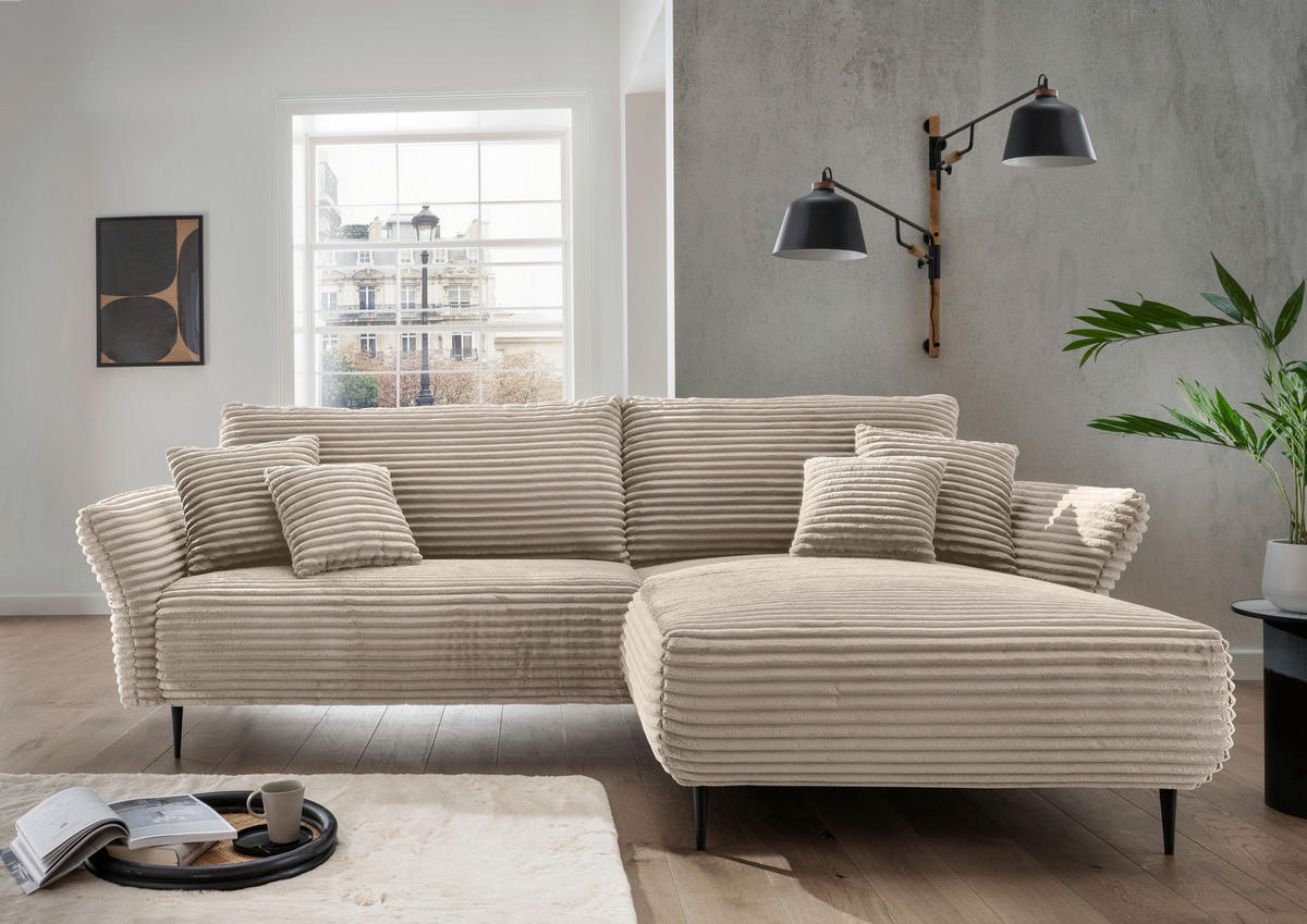 ECKSOFA Cappuccino Cord  - Schwarz/Cappuccino, Design, Textil/Metall (178/264-302cm) - Livetastic