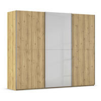 SCHWEBETÜRENSCHRANK 270/223/68 cm 3-türig Eichefarben, Chromfarben, Hellgrau  - Chromfarben/Eichefarben, Design, Glas/Holz (270/223/68cm) - Novel