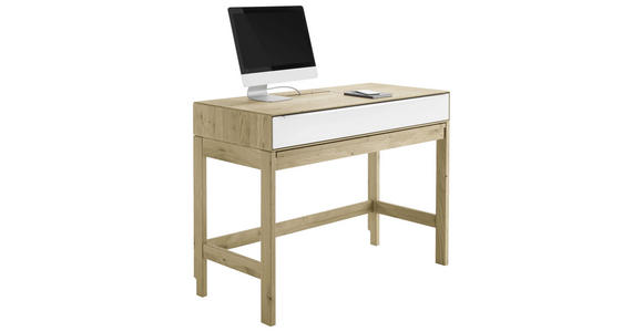 SCHREIBTISCH 122/58,3/93,4 cm in Weiß, Eiche Bianco - Eiche Bianco/Edelstahlfarben, Natur, Glas/Holz (122/58,3/93,4cm) - Valnatura