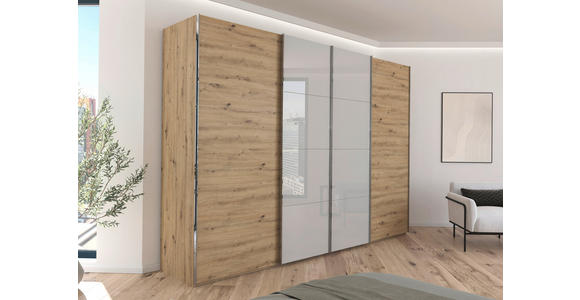 SCHWEBETÜRENSCHRANK 316/223/68 cm 4-türig Grau, Eiche Artisan - Chromfarben/Eiche Artisan, KONVENTIONELL, Glas/Holzwerkstoff (316/223/68cm) - Novel