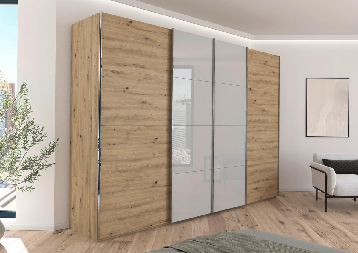 SCHWEBETÜRENSCHRANK 316/235/68 cm 4-türig Grau, Eiche Artisan  - Chromfarben/Eiche Artisan, KONVENTIONELL, Glas/Holzwerkstoff (316/235/68cm) - Novel