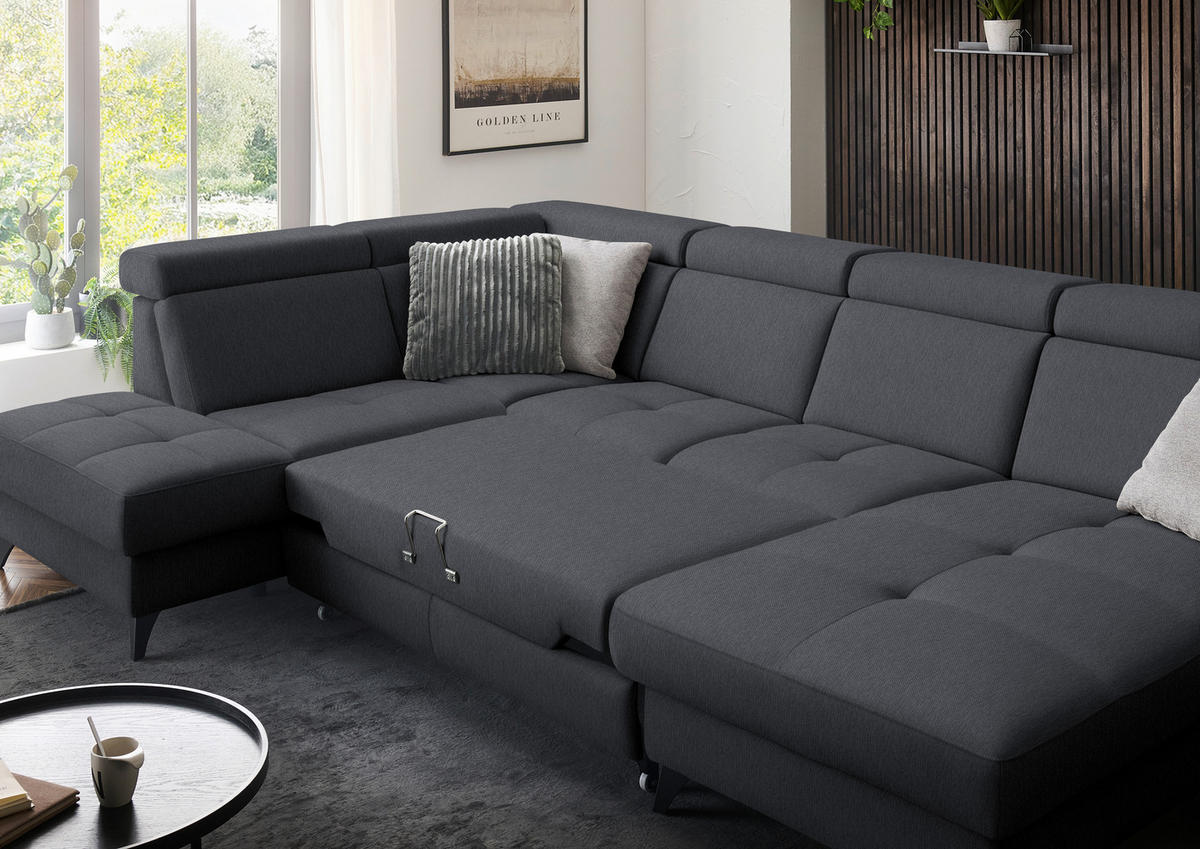 WOHNLANDSCHAFT Flachgewebe Anthrazit  - Anthrazit/Schwarz, Konventionell, Textil/Metall (215/333/174cm) - Beldomo System