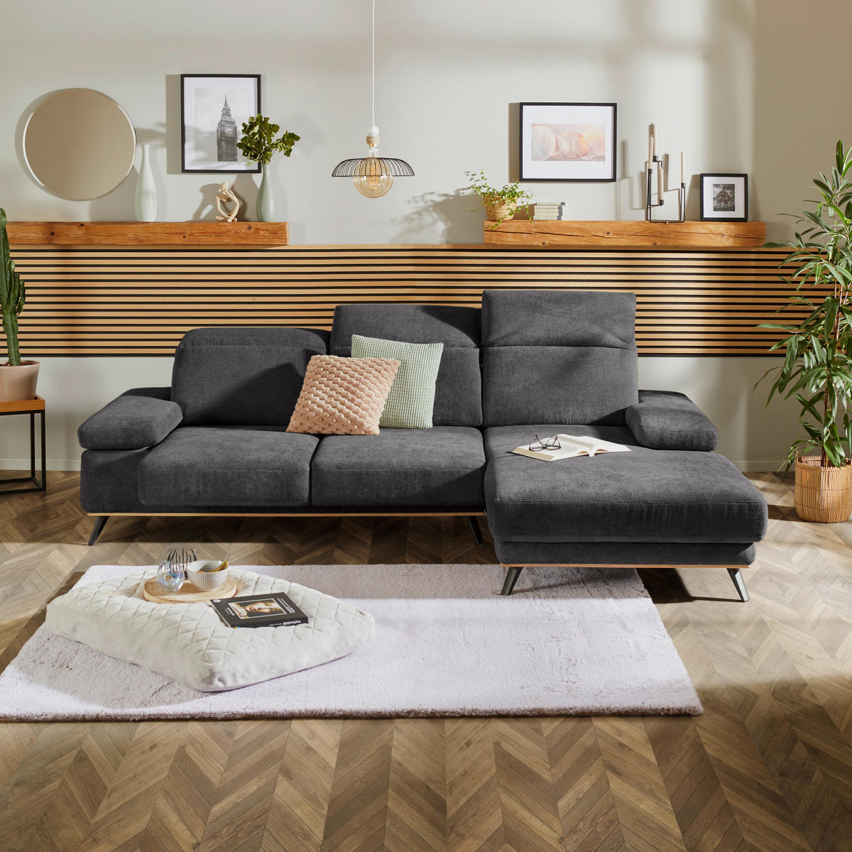 ECKSOFA in Struktur Graphitfarben  - Schwarz/Graphitfarben, Modern, Textil/Metall (283/194cm) - MID.YOU
