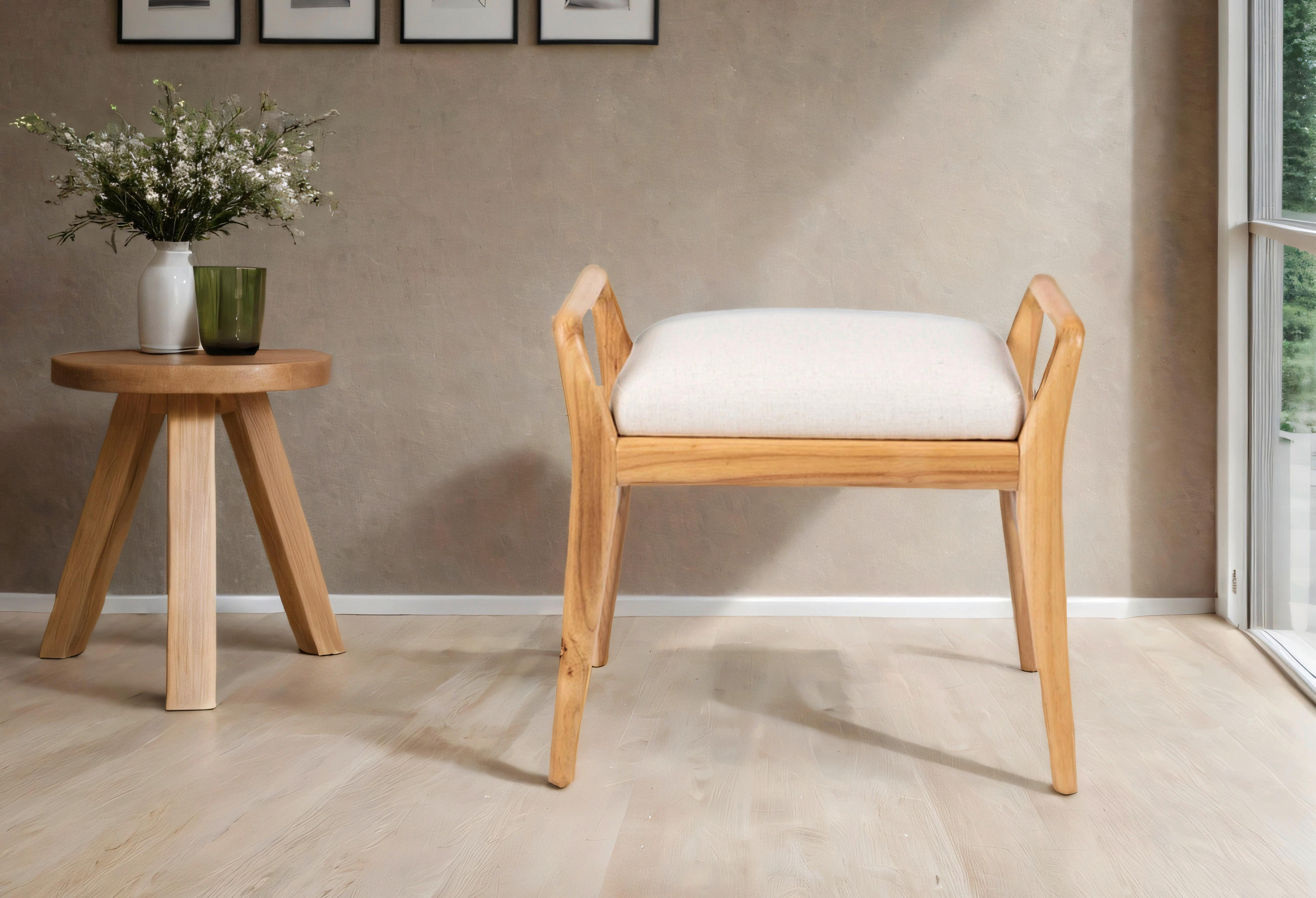SITZBANK 56,5/51/40 cm Leinenoptik Naturfarben Kautschukholz massiv  - Naturfarben, Design, Holz/Textil (56,5/51/40cm) - MID.YOU
