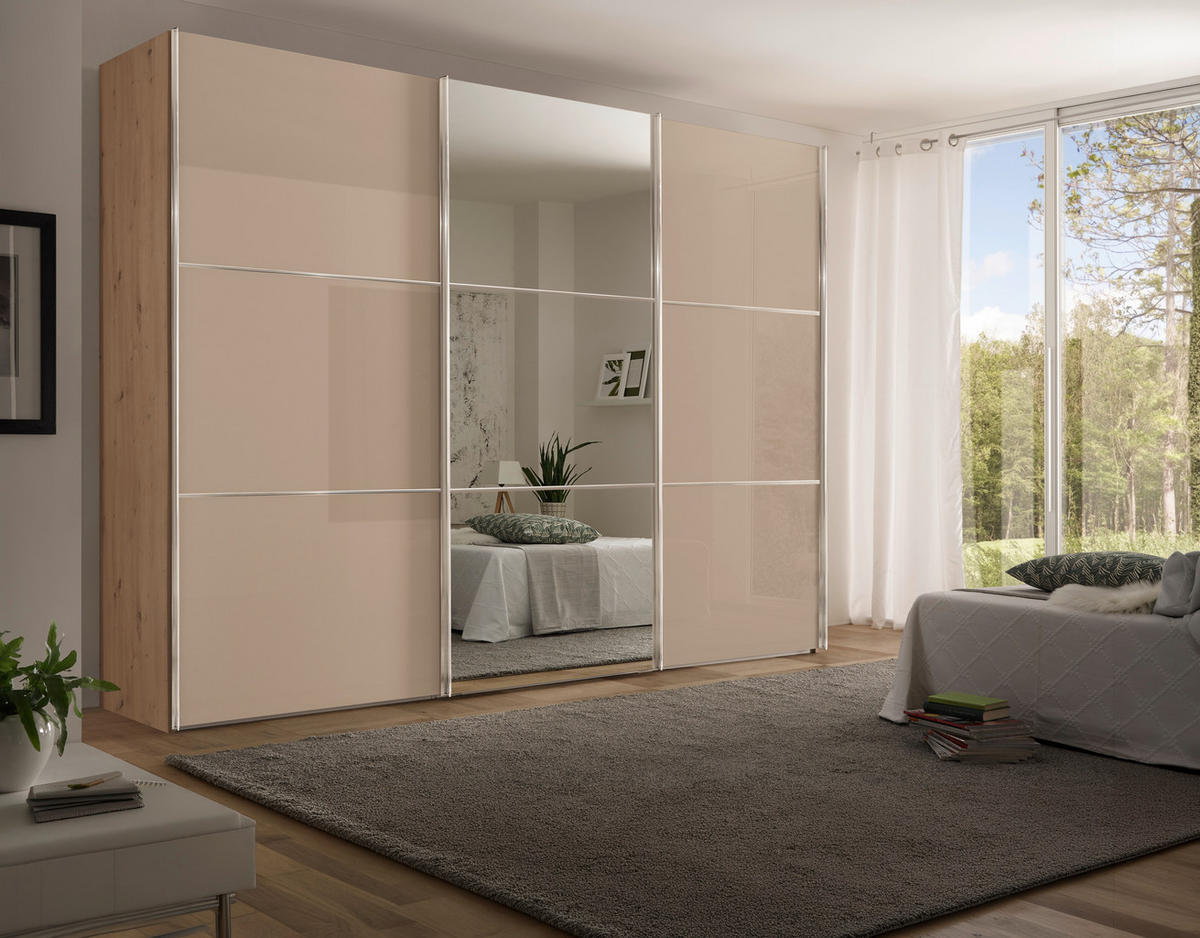 SCHWEBETÜRENSCHRANK 249/222/68 cm,  in Eiche Artisan, Karamell, 3 Tür(en)  - Chromfarben/Karamell, KONVENTIONELL, Glas/Holzwerkstoff (249/222/68cm) - Moderano
