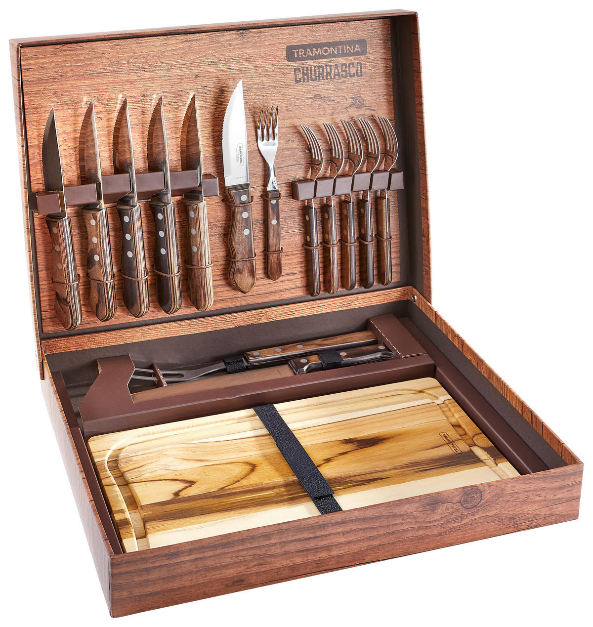STEAKBESTECK 15-teilig  Tramontina - JUMBO BBQ-Koffer  - Braun, Natur, Holz/Metall (43,5/36,5/6,5cm)