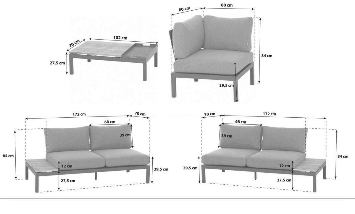 LOUNGEGARNITUR 15-teilig   252/84/252 cm Teakholz massiv Aluminium  - Anthrazit/Grau, KONVENTIONELL, Holz/Textil (252/84/252cm) - Siena Garden