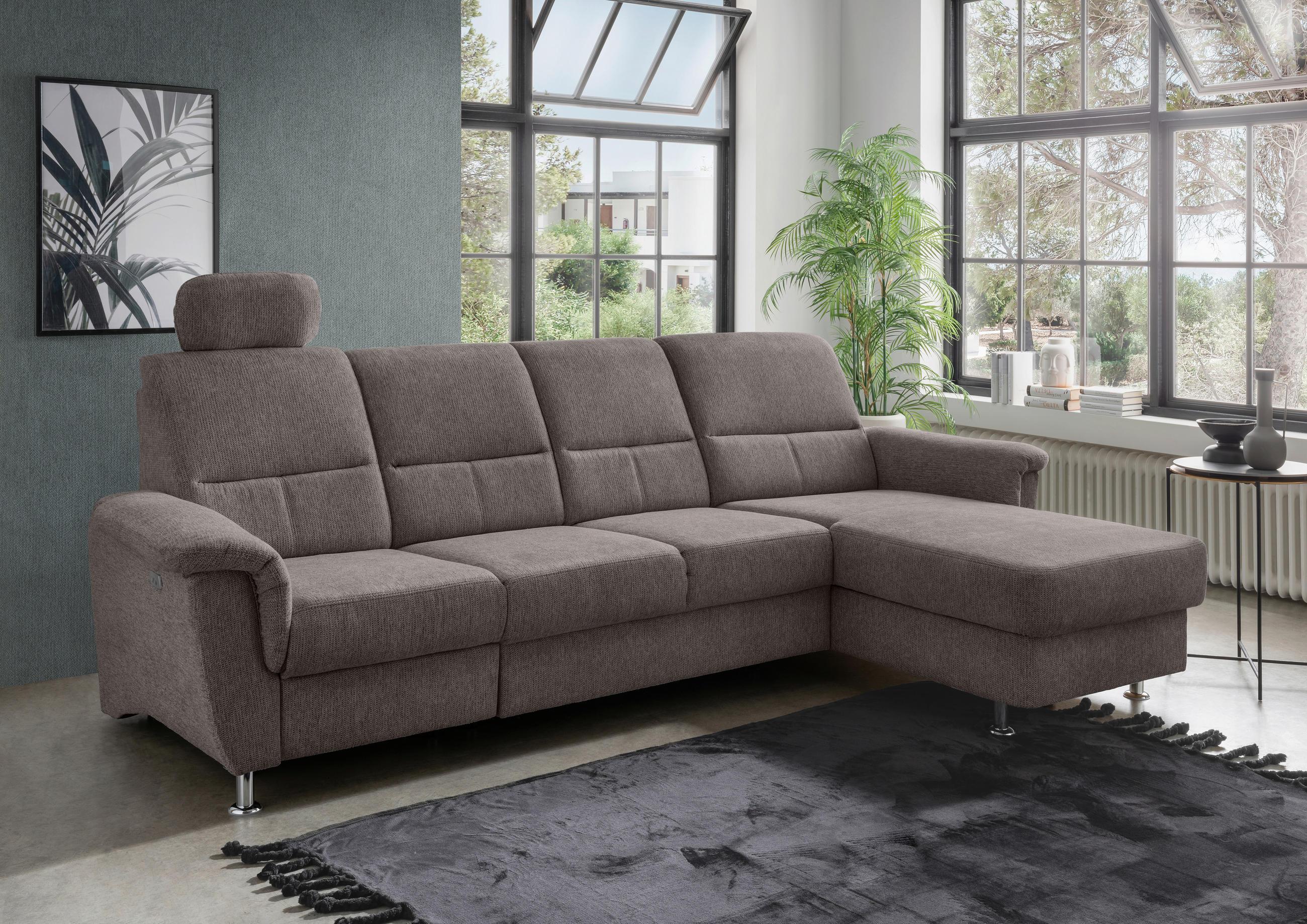 ECKSOFA in Chenille Graubraun  - Chromfarben/Graubraun, Konventionell, Textil/Metall (292/165cm) - Livetastic