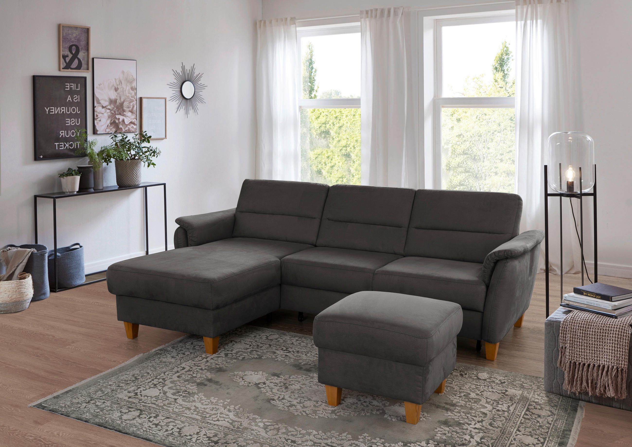 ECKSOFA Mikrofaser Grau  - Eichefarben/Grau, Konventionell, Holz/Textil (163/244cm) - Sit & More