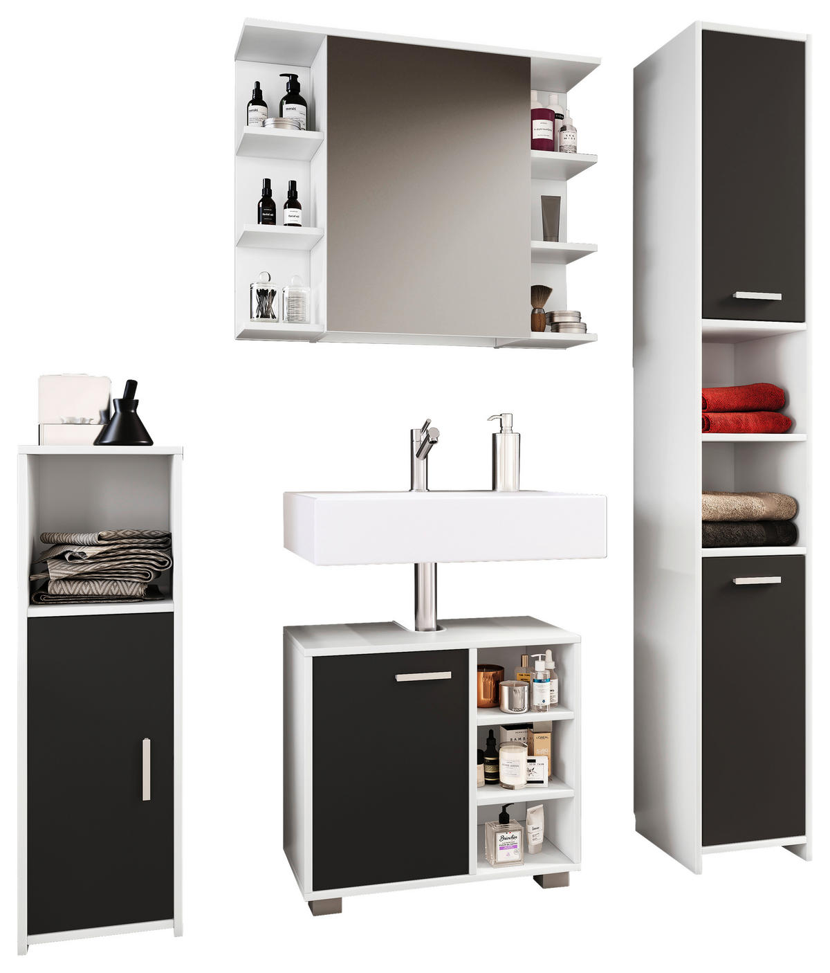 BADEZIMMER 4-teilig  in 120 cm  - Schwarz/Weiß, MODERN, Holzwerkstoff (120cm) - MID.YOU
