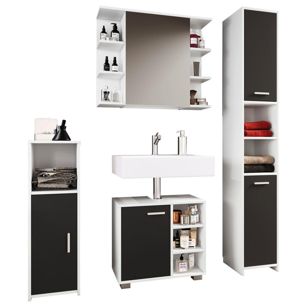 Thumbnail - Mid.you Badezimmer VCM Zalo M, Schwarz, Weiß, Holzwerkstoff, 4-teilig, 120 cm, stehend, Spiegel mit Ablage, Badezimmer, ...