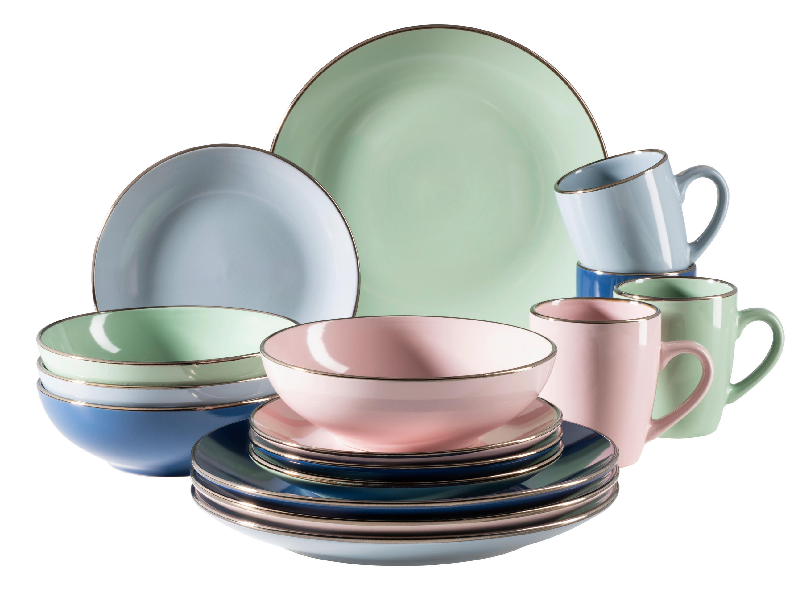 KOMBISERVICE Rosa, Hellblau, Dunkelblau, Mintgrün Metallic Rim 16-teilig 4 Personen - Rosa/Dunkelblau, Basics, Keramik (33/31,7/32,5cm) - Mäser