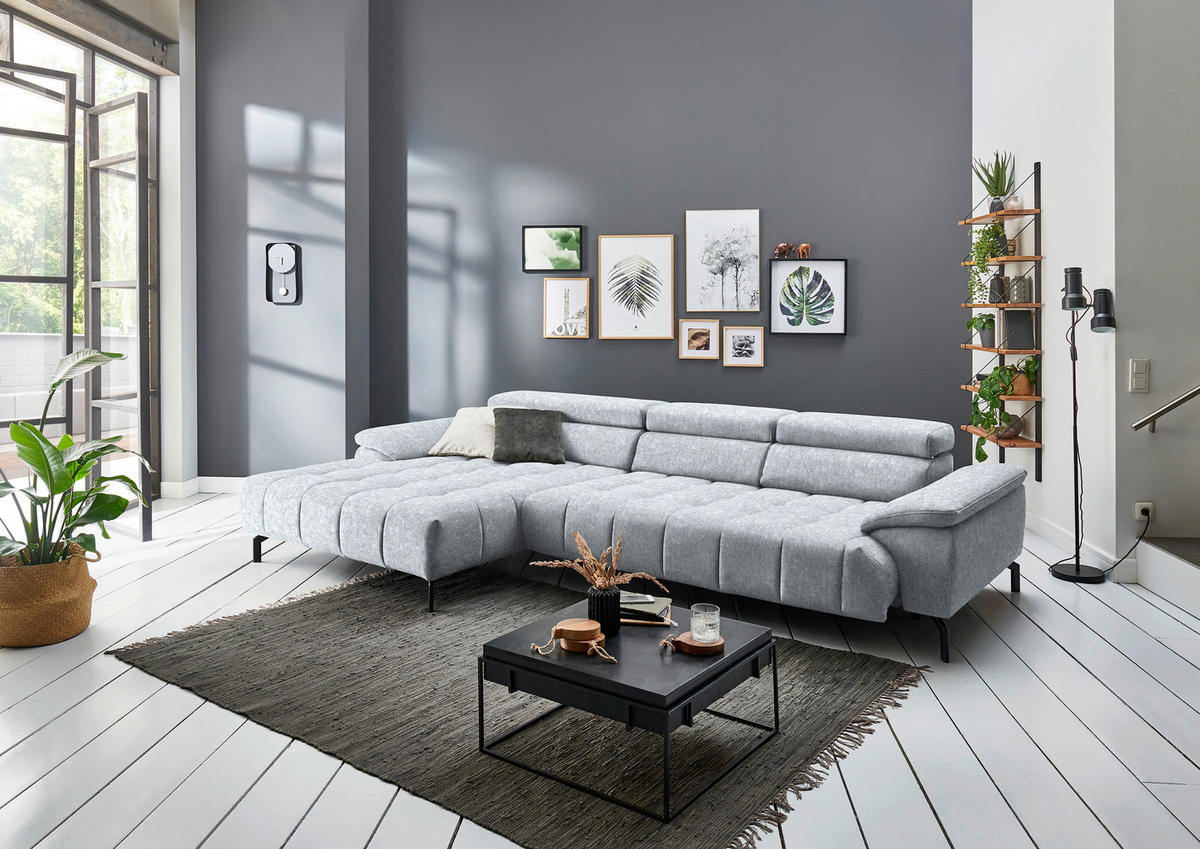 ECKSOFA in Chenille Hellgrau  190/329 cm  - Hellgrau/Schwarz, Design, Textil/Metall (190/329cm) - Beldomo Style
