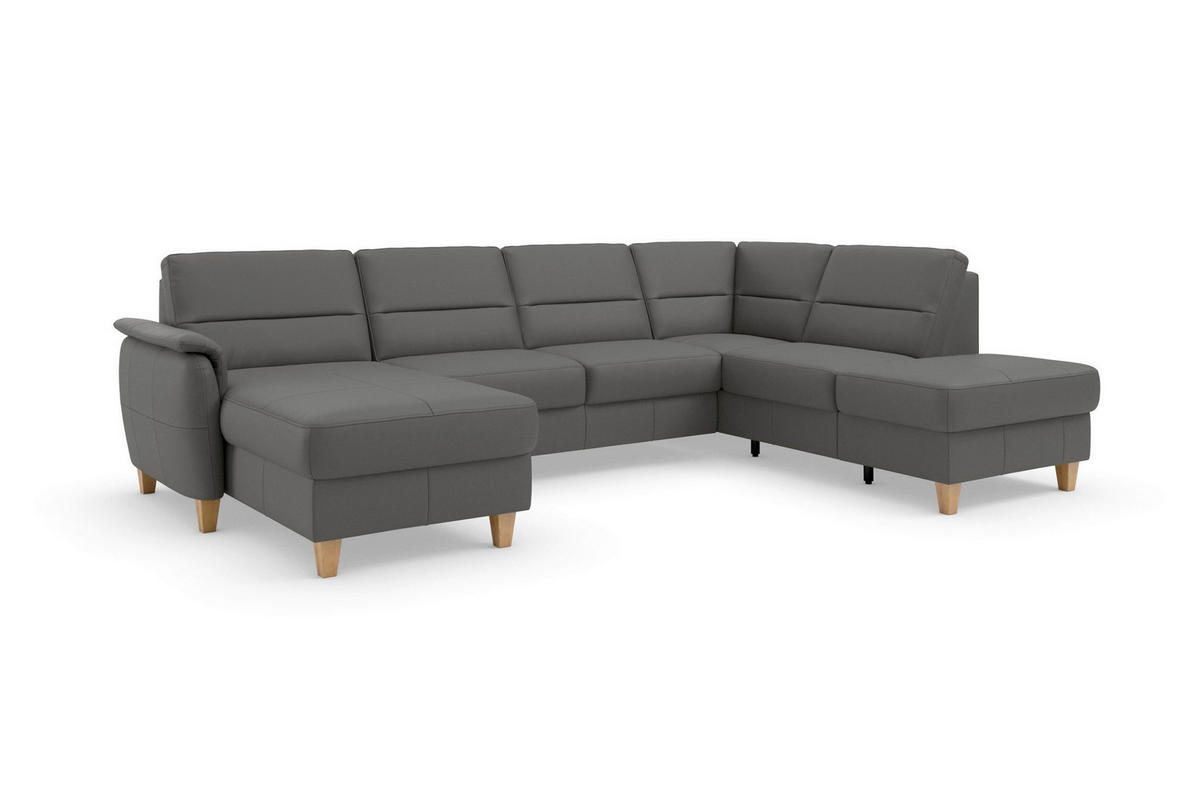 WOHNLANDSCHAFT Echtleder Mokka  - Eichefarben/Mokka, Basics, Leder/Holz (163/308/212cm) - Sit & More