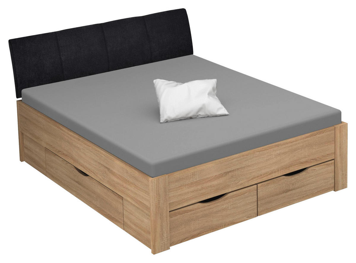 STAURAUMBETT 180/200 cm  Sonoma Eiche   - Schwarz/Sonoma Eiche, Design, Holzwerkstoff/Textil (180/200cm) - Xora