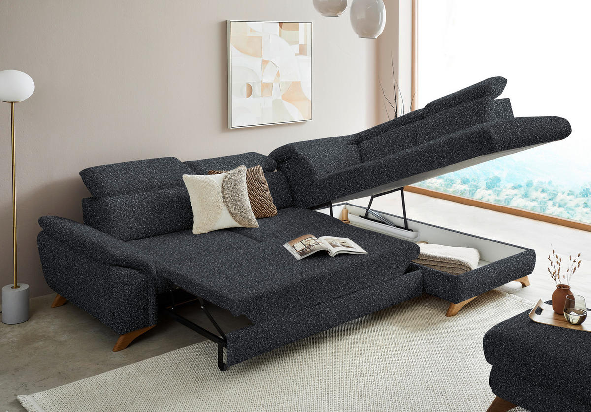 ECKSOFA in Bouclé Schwarz  287/212 cm  - Eichefarben/Schwarz, MODERN, Holz/Textil (287/212cm) - Valnatura