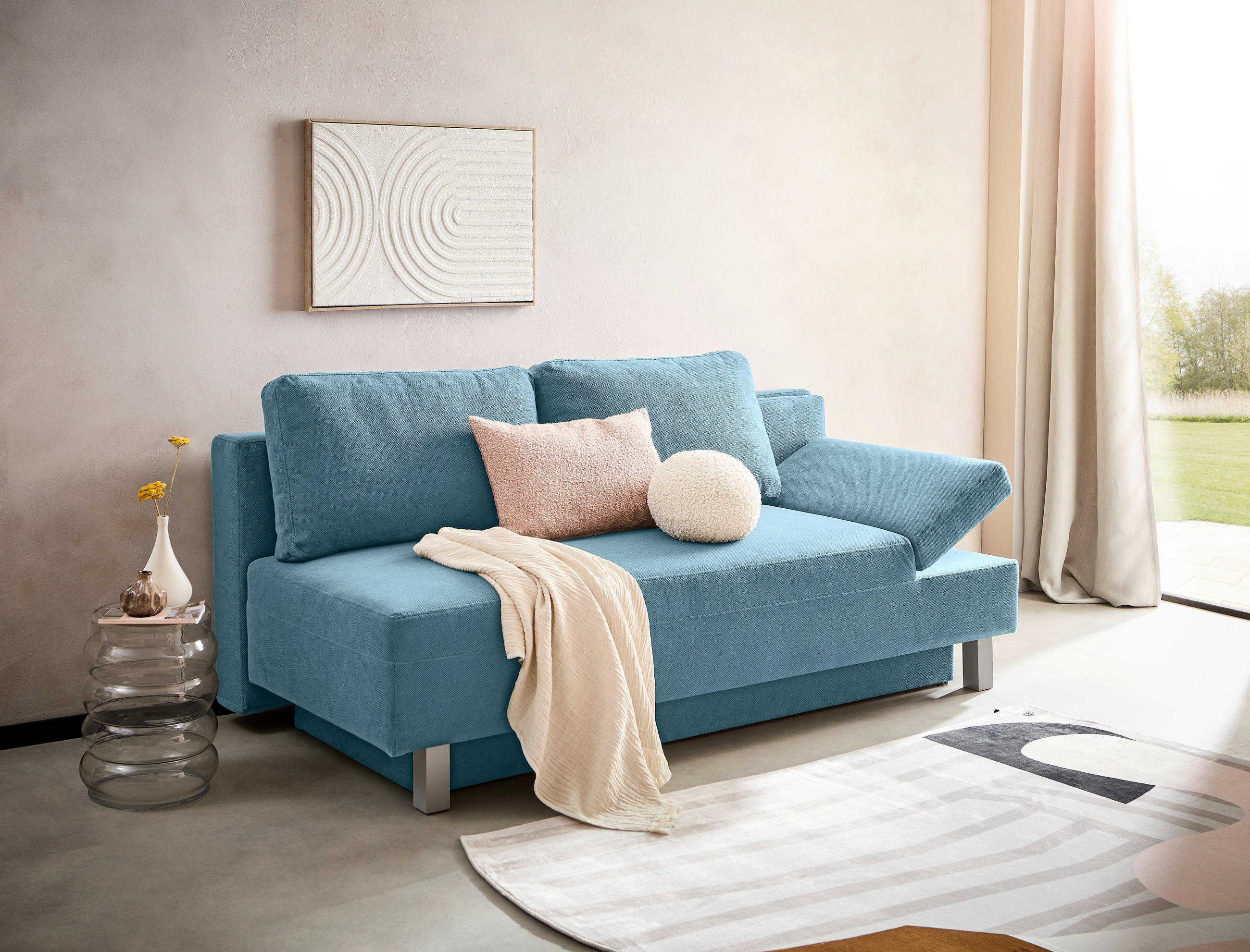 SCHLAFSOFA Flachgewebe Blau  - Chromfarben/Blau, Design, Holz/Textil (205/77-93/99cm) - Novel