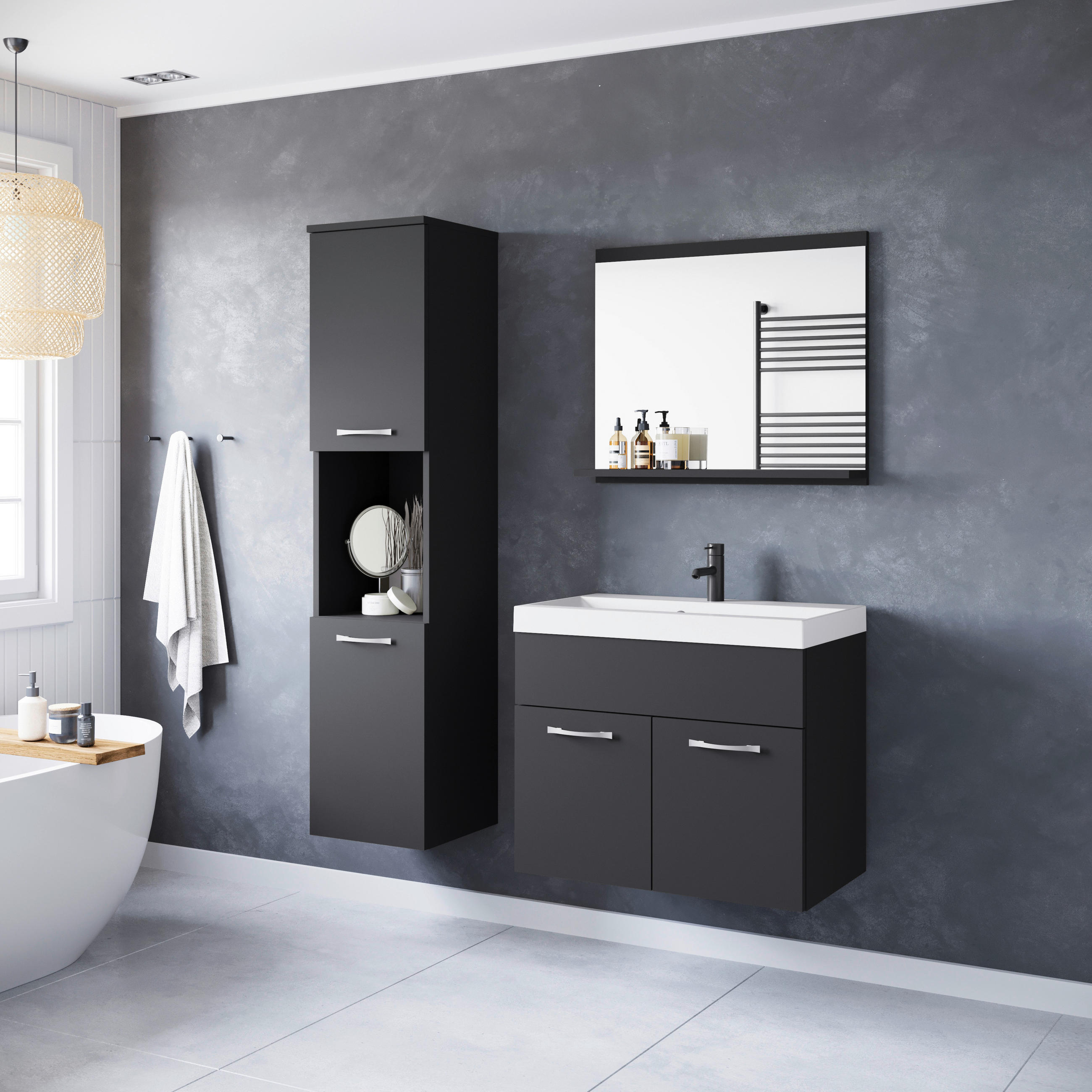 BADEZIMMER 4-teilig  in  - Weiss/Graphitfarben, Lifestyle, Holzwerkstoff/Metall (90,2/132,8/35cm) - P & B