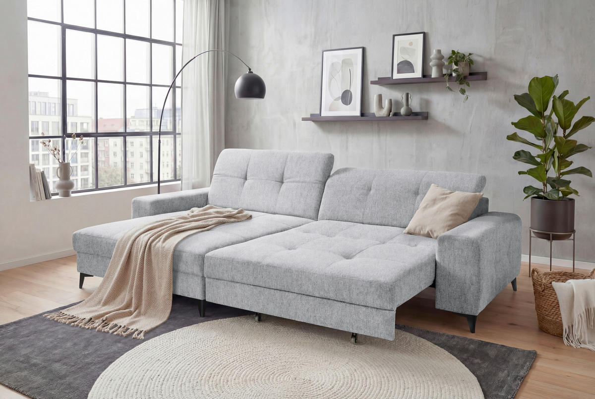 ECKSOFA Mikrovelours Hellgrau  - Hellgrau/Schwarz, Design, Kunststoff/Textil (182/328cm) - MID.YOU
