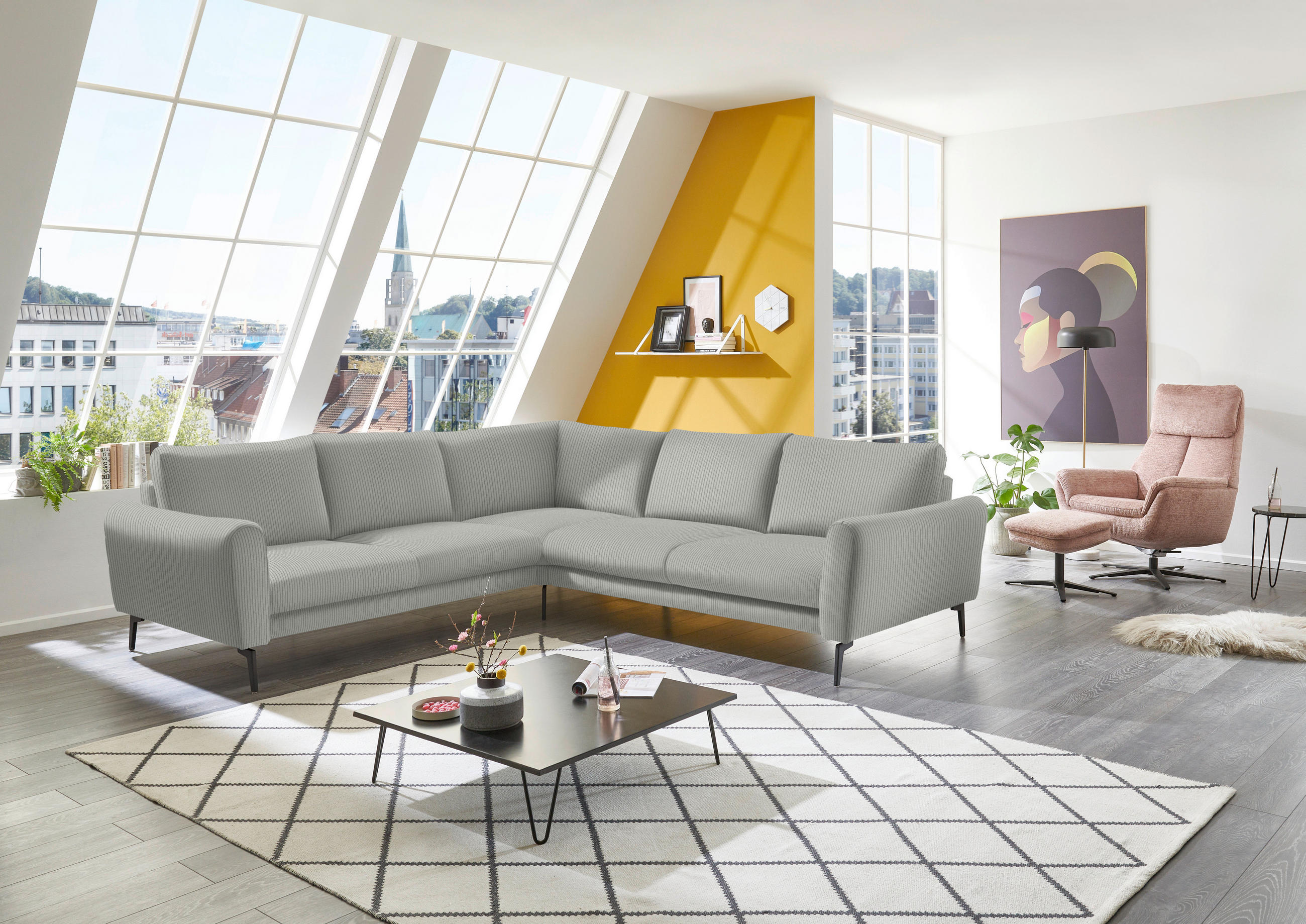 ECKSOFA in Velours, Feincord Silberfarben  254/280 cm  - Silberfarben/Schwarz, Design, Textil/Metall (254/280cm) - Beldomo Style