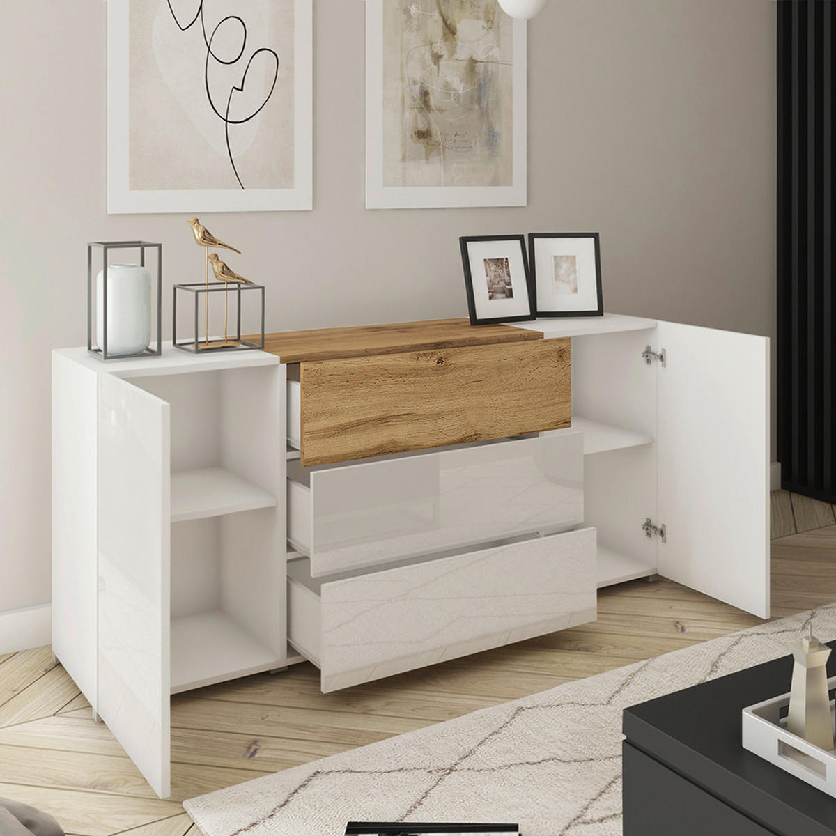 ŠIROKÁ KOMODA, bílá, dub wotan, 150/68/38,5 cm - šedá/bílá, Design, kompozitní dřevo/plast (150/68/38,5cm) - MID.YOU