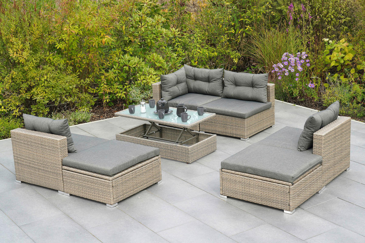 LOUNGEGARNITUR 7-teilig   Stahl  - Naturfarben/Grau, MODERN, Glas/Kunststoff - Gardenson