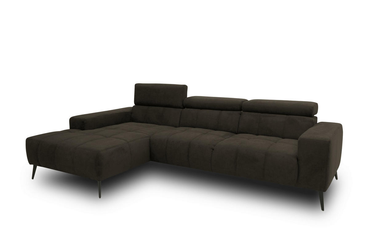 ECKSOFA TRENTO Dunkelbraun Mikrofaser Rücken echt, Kopfteilverstellung  - Dunkelbraun/Schwarz, MODERN, Textil/Metall (175/287cm) - MID.YOU