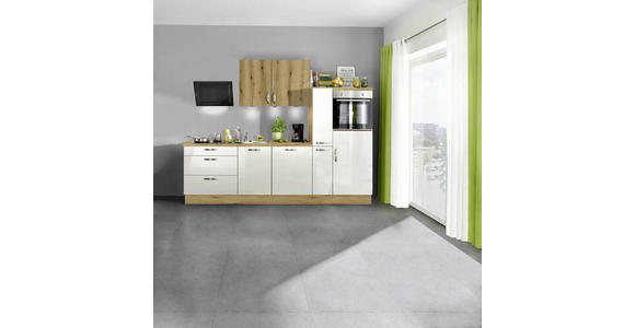 KÜCHENBLOCK 280 cm in Eichefarben, Weiß Hochglanz - Edelstahlfarben/Eichefarben, MODERN, Holzwerkstoff/Metall (280cm) - Xora
