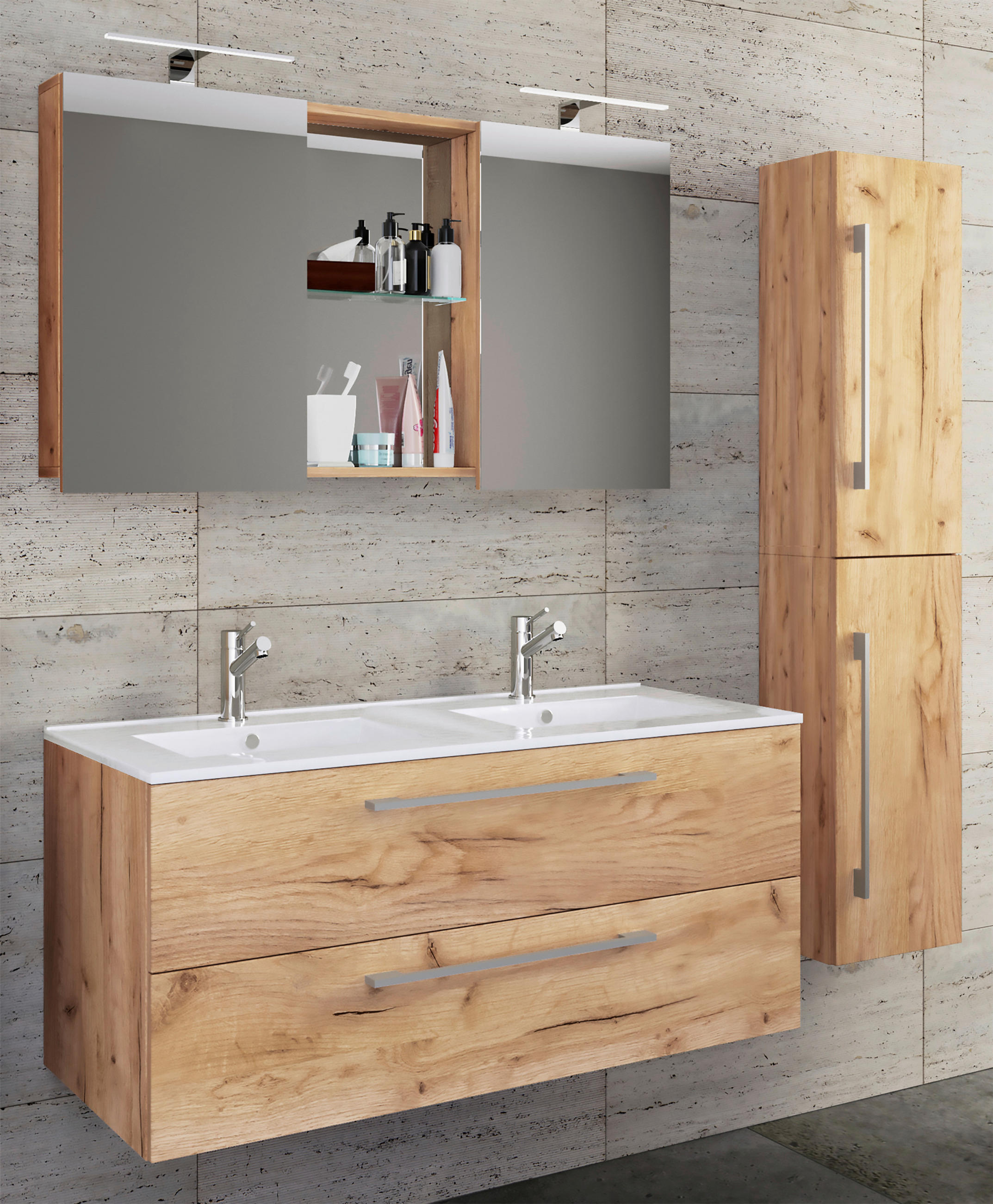 BADEZIMMER 4-teilig in 145 cm - Honigeiche/Alufarben, MODERN, Keramik/Holzwerkstoff (145cm) - MID.YOU