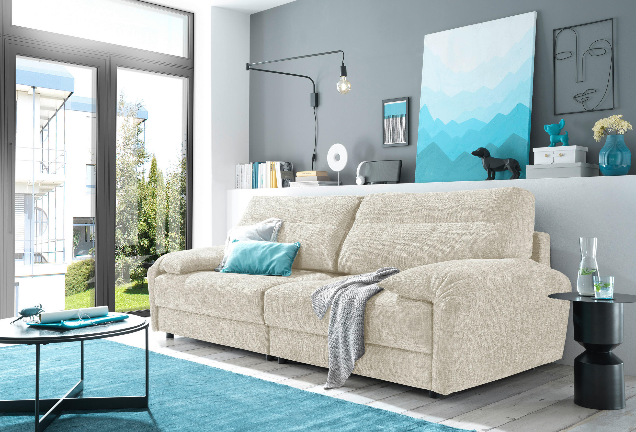 3-SITZER-SOFA Webstoff Beige  - Beige/Schwarz, KONVENTIONELL, Kunststoff/Textil (256/95/112cm) - MID.YOU