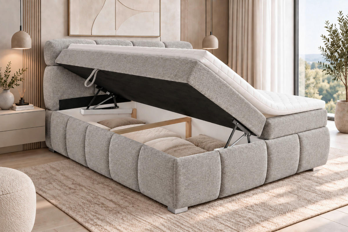 BOXBETT 180/200 cm,  in Graubraun, Bettkasten, Topper,  - Chromfarben/Graubraun, MODERN, Holz/Kunststoff (180/200cm) - MID.YOU