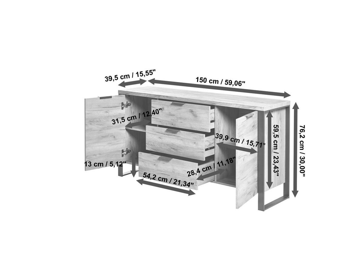 SIDEBOARD 150/76,2/39,5 cm  in Eichefarben  - Eichefarben/Anthrazit, Modern, Holzwerkstoff/Metall (150/76,2/39,5cm) - MID.YOU