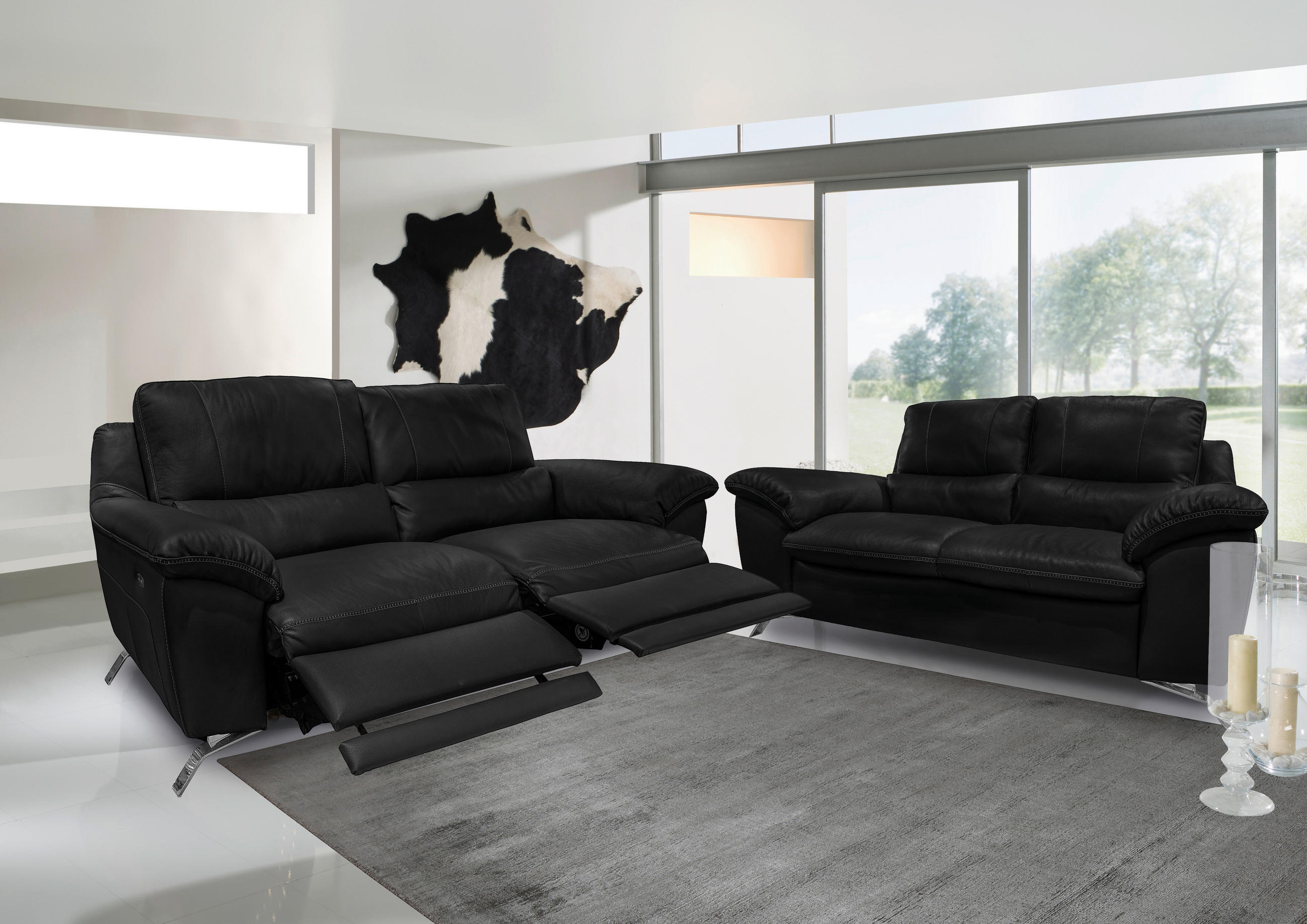 2,5-SITZER Kombination Echtleder/Lederlook Schwarz  - Silberfarben/Schwarz, Design, Leder/Metall (216/97/95-151cm) - Livetastic