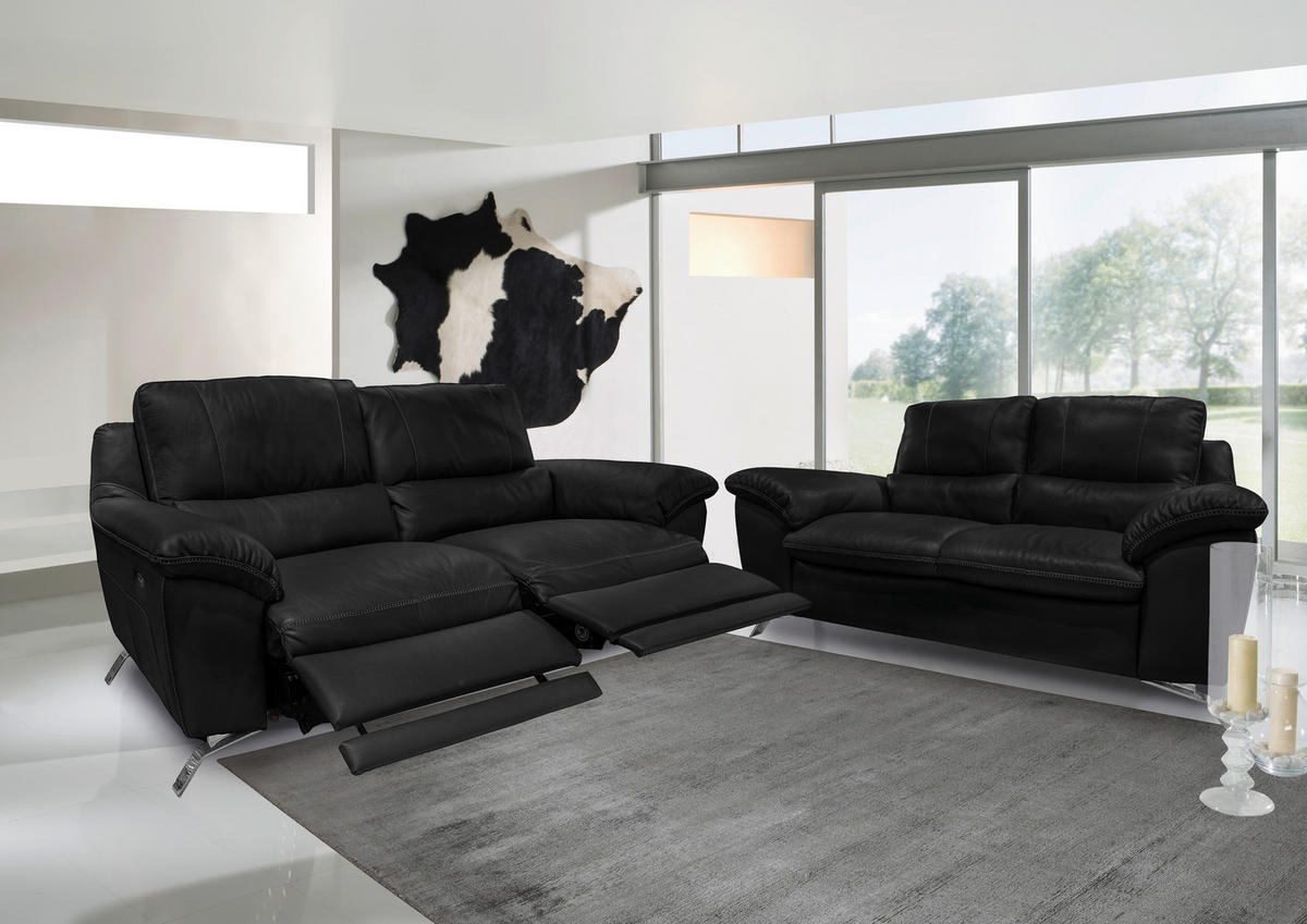 2,5-SITZER Kombination Echtleder/Lederlook Schwarz  - Silberfarben/Schwarz, Design, Leder/Metall (216/97/95-151cm) - Livetastic