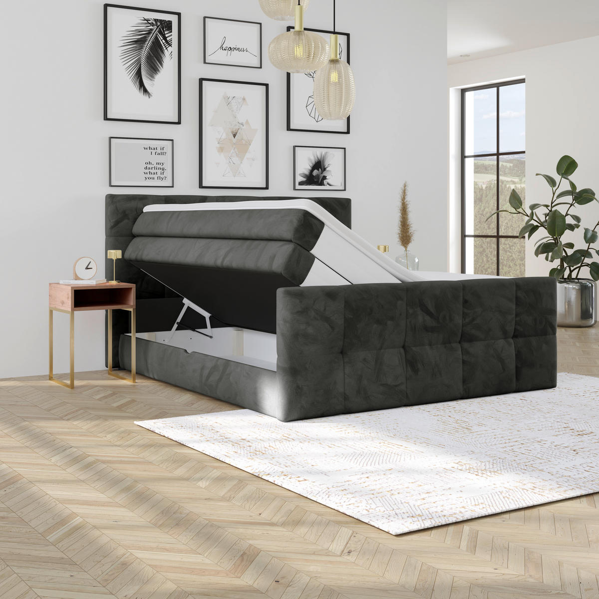 BOXSPRINGBETT 180/200 cm,  in Anthrazit, gepolstertes Kopfteil, Bettkasten, Topper, Matratzen, H4 + H4 = sehr fest  - Anthrazit, KONVENTIONELL, Holz/Holzwerkstoff (180/200cm) - Luca Bessoni