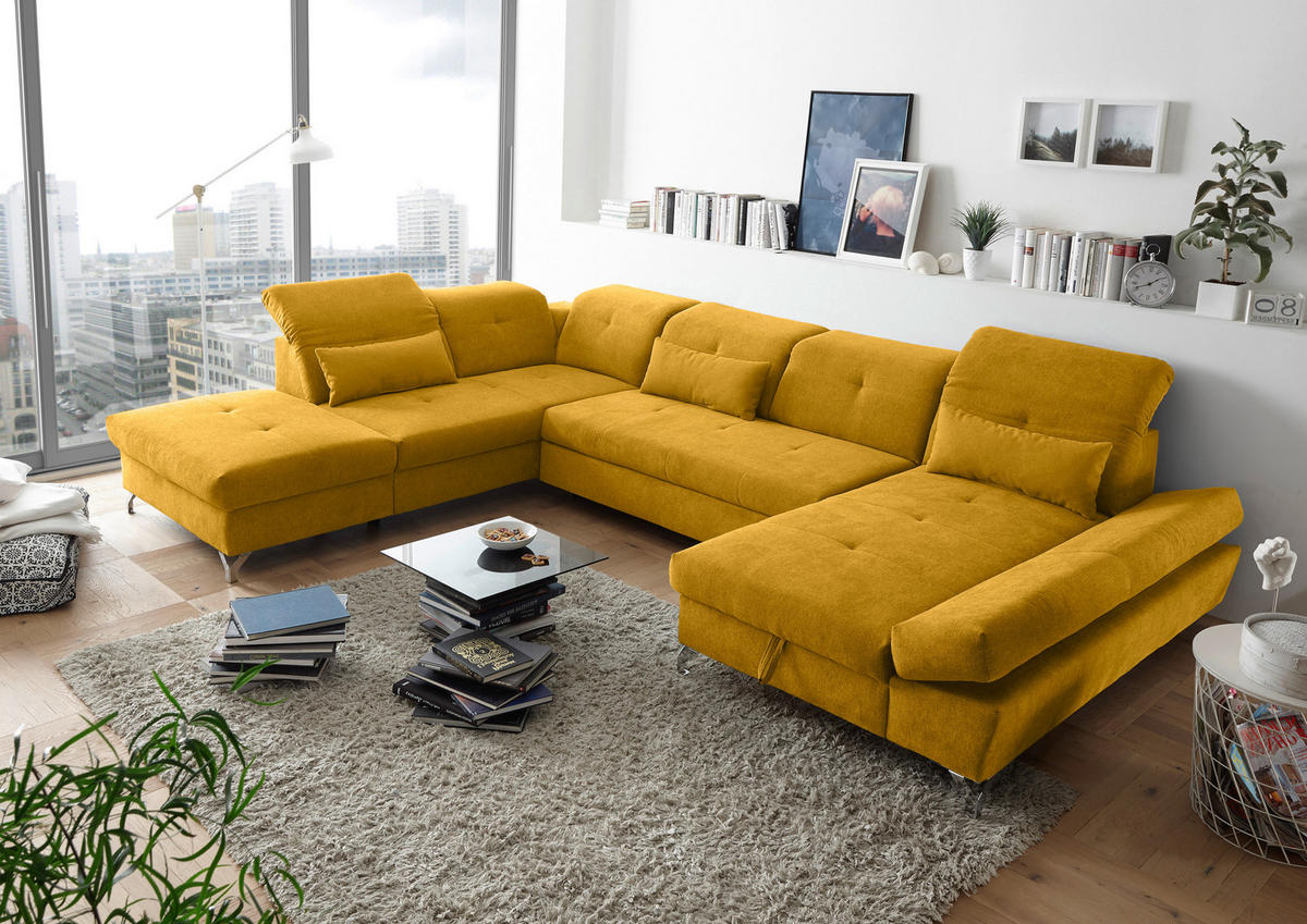WOHNLANDSCHAFT in Mikrovelours Gelb  - Gelb/Silberfarben, Modern, Textil/Metall (245/350/168cm) - MID.YOU