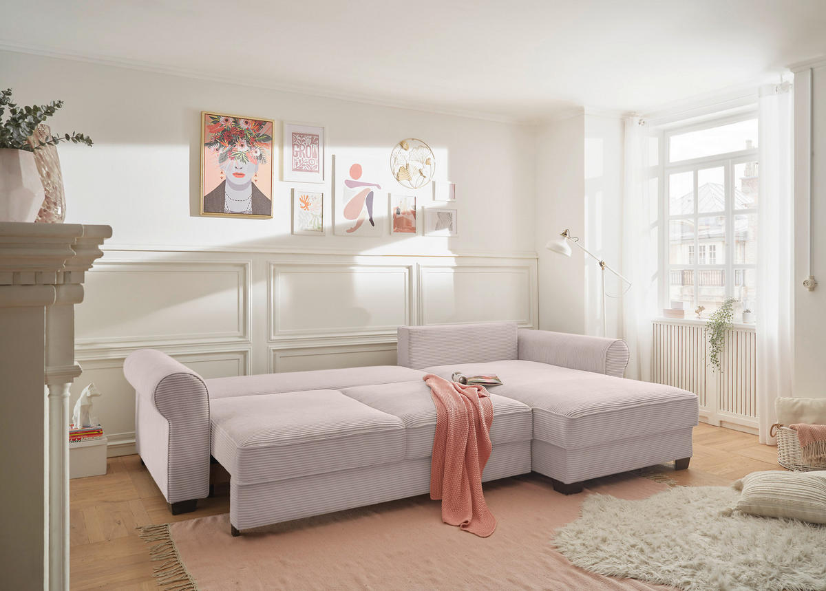 ECKSOFA in Cord Rosa  - Schwarz/Rosa, KONVENTIONELL, Kunststoff/Textil (318/197cm) - MID.YOU
