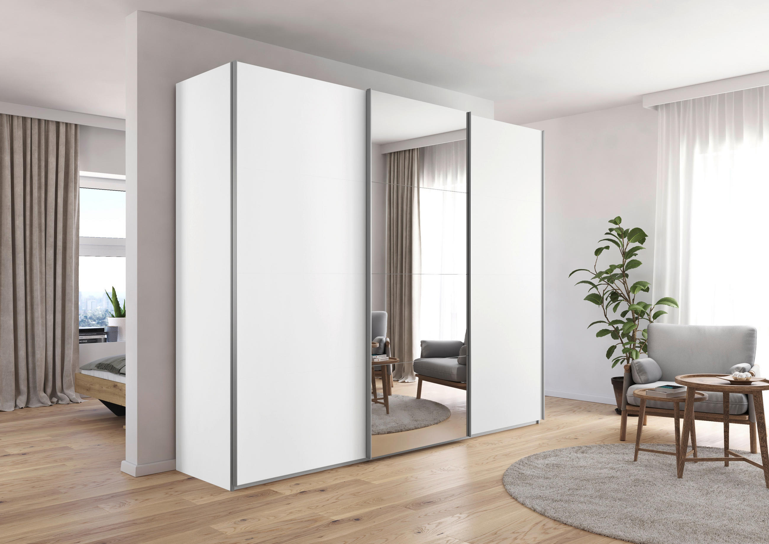 SCHWEBETÜRENSCHRANK 271/223/68 cm 3-türig Weiß  - Alufarben/Weiß, KONVENTIONELL, Glas/Holzwerkstoff (271/223/68cm) - home24