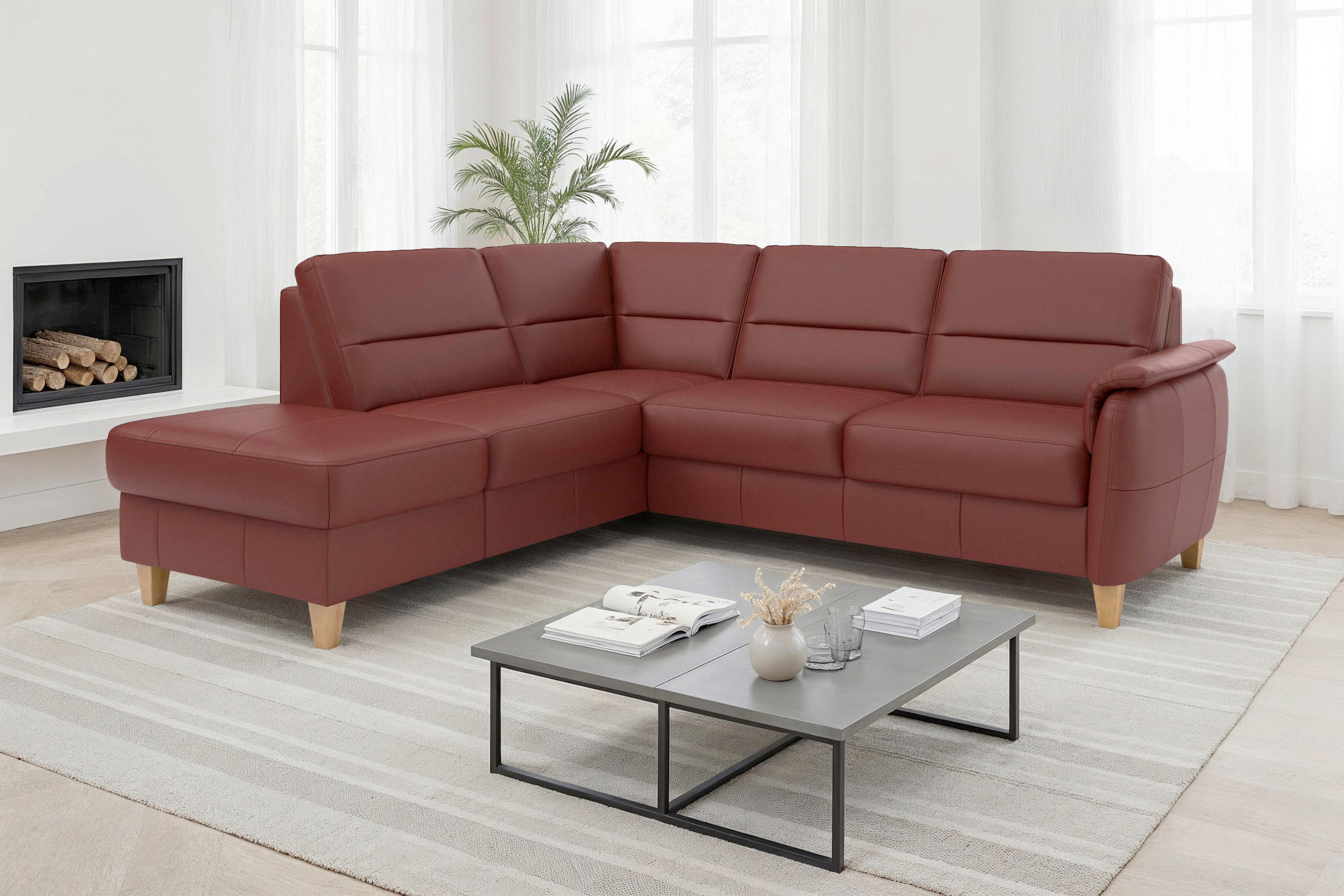 ECKSOFA PALMERA E Rotbraun Kombination Echtleder/Stoff Mikrofaser Stauraum  - Rotbraun/Eichefarben, Basics, Leder/Holz (212/236cm) - Sit & More